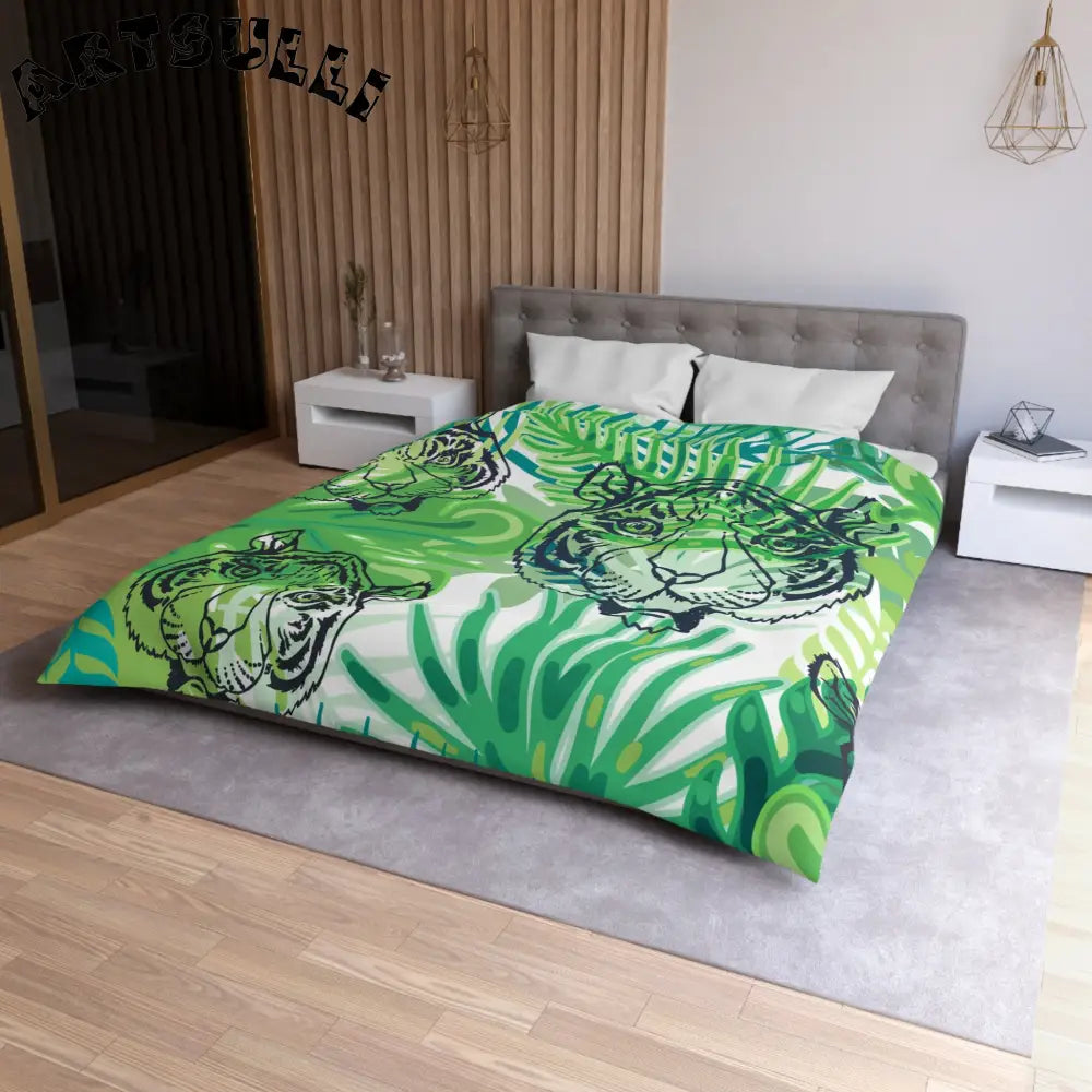 JAKKOUTTHEBXX Tropical Jungle Tigers Green Microfiber Duvet Cover
