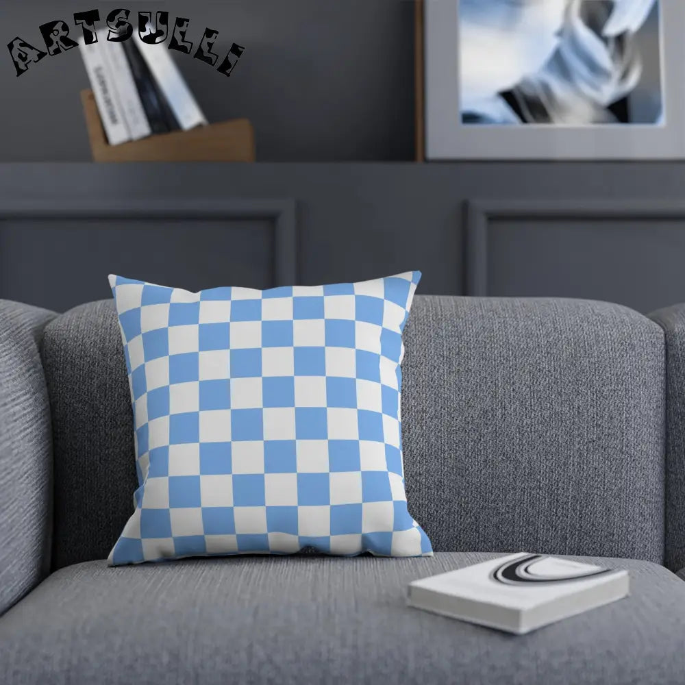 JAKKOUTTHEBXX Checkerboard White and Light Blue Cushion