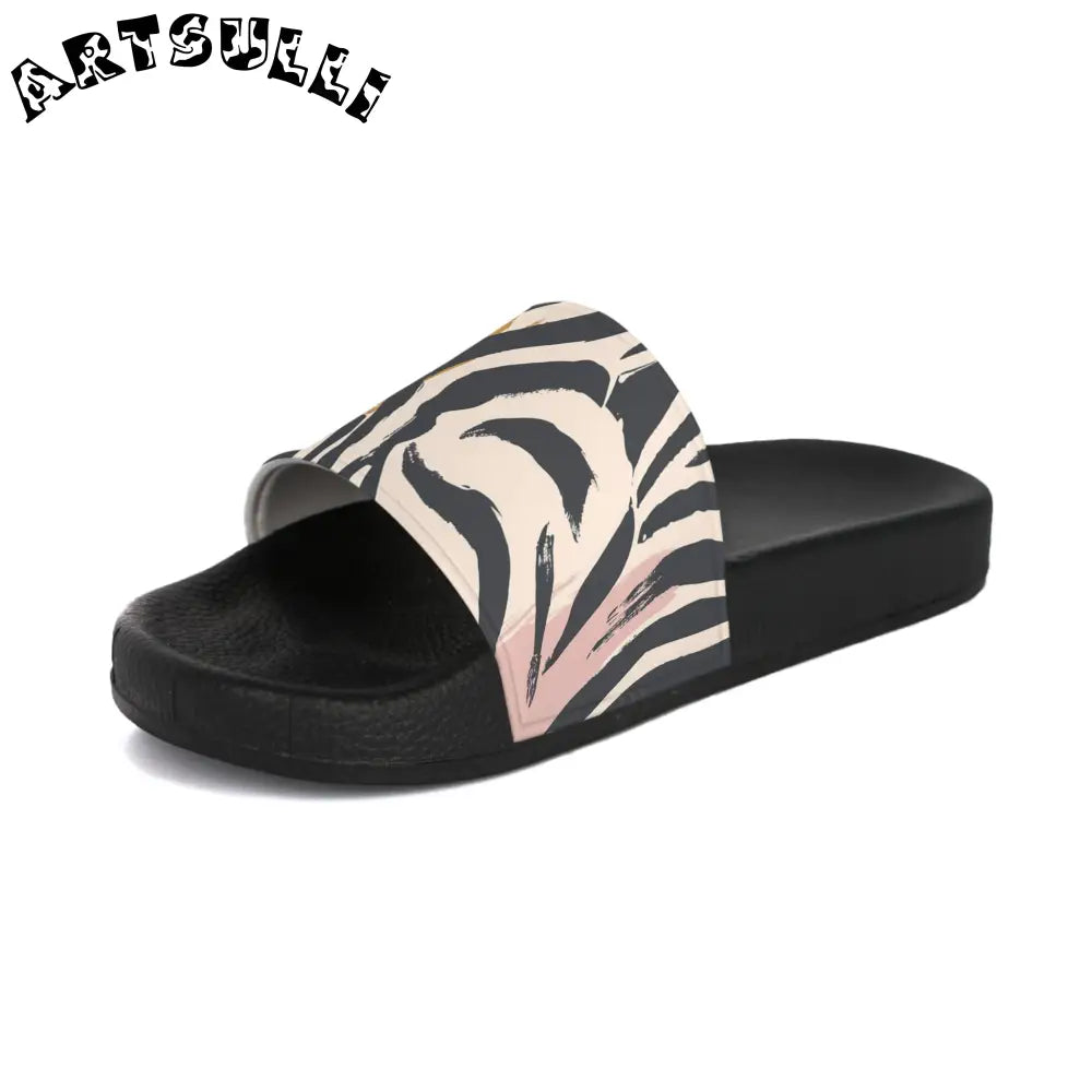 JAKKOUTTHEBXX Zebra Print Slide Sandals with Pink Accent