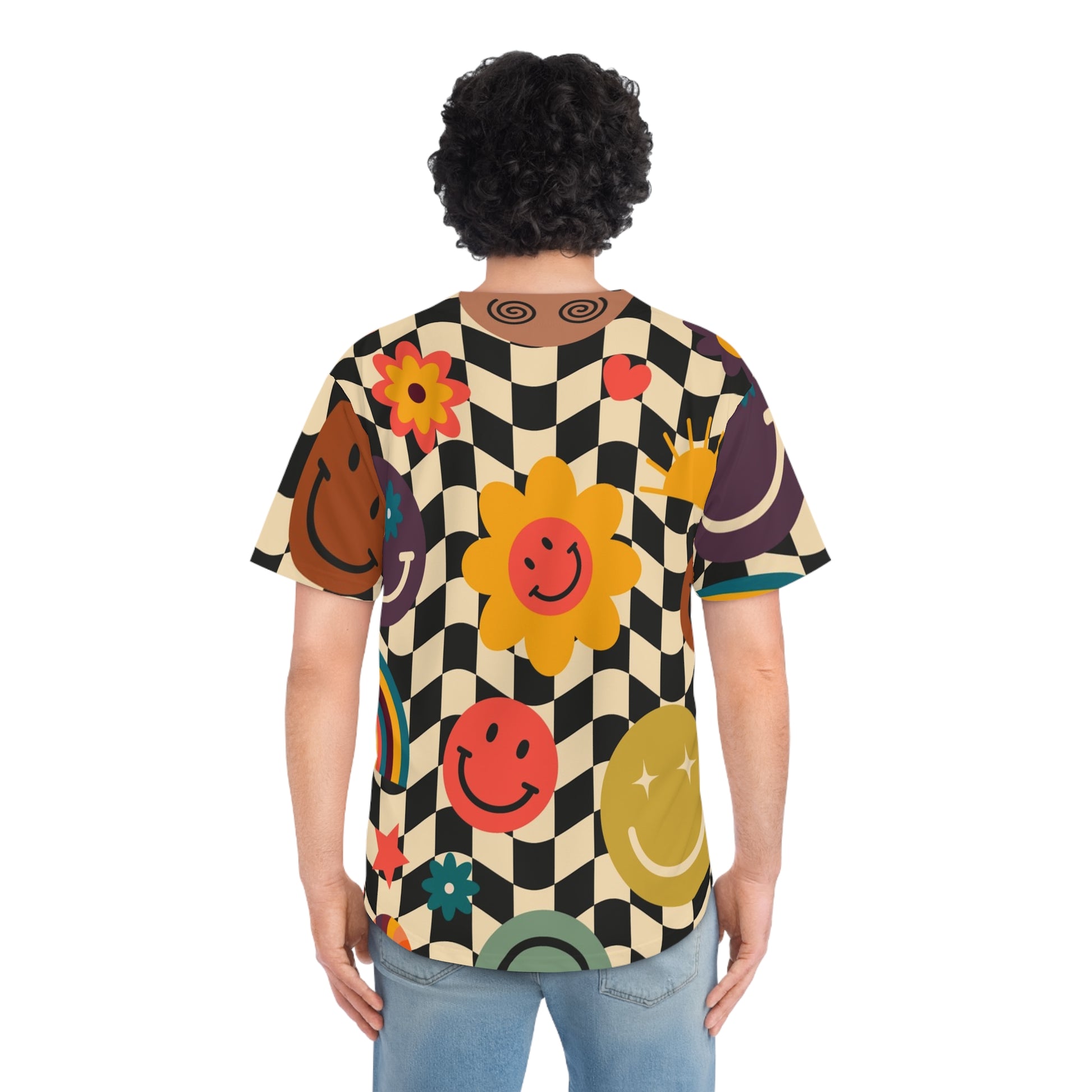 Trippy x Wavy Checkerboard x Smiley Face x Rainbow x Flowers Multi-Color Men's Baseball Jersey (AOP), Artsulli - Art is Long, Life is Short, All Over Prints, , , , , , , 