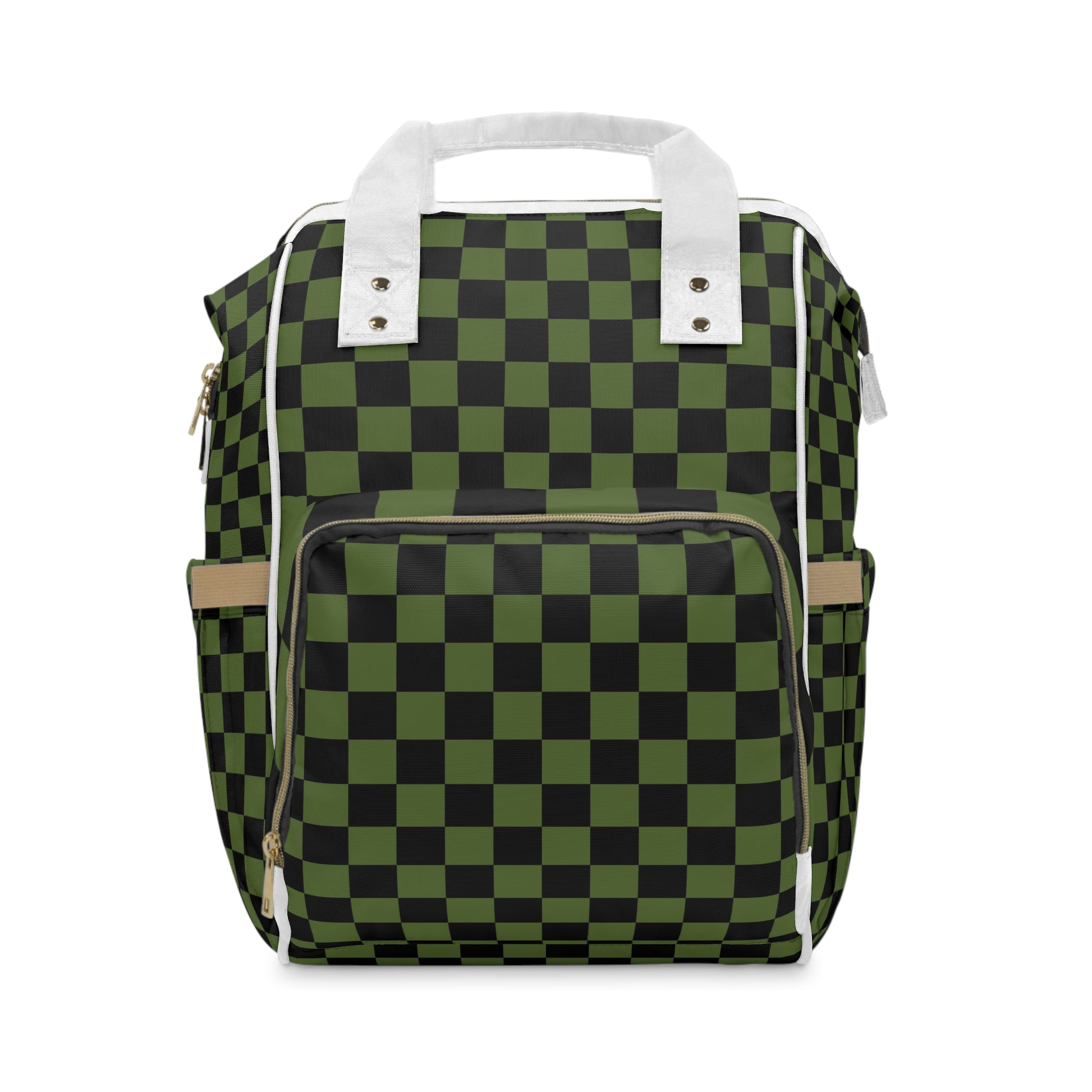 Checkerboard Olive Green and Black Multifunctional Diaper Backpack, Artsulli - Art is Long, Life is Short, Bags, Size, 15.0" × 10.8" × 6.7'', , , , , 29163815641663798820