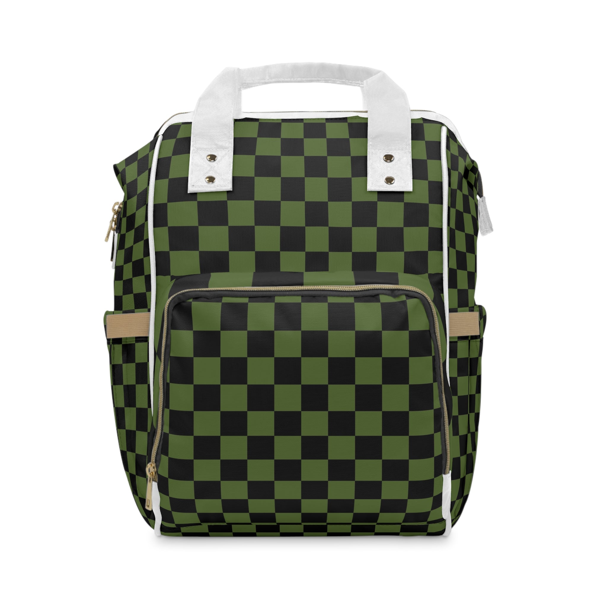 Checkerboard Olive Green and Black Multifunctional Diaper Backpack, Artsulli - Art is Long, Life is Short, Bags, Size, 15.0" × 10.8" × 6.7'', , , , , 29163815641663798820
