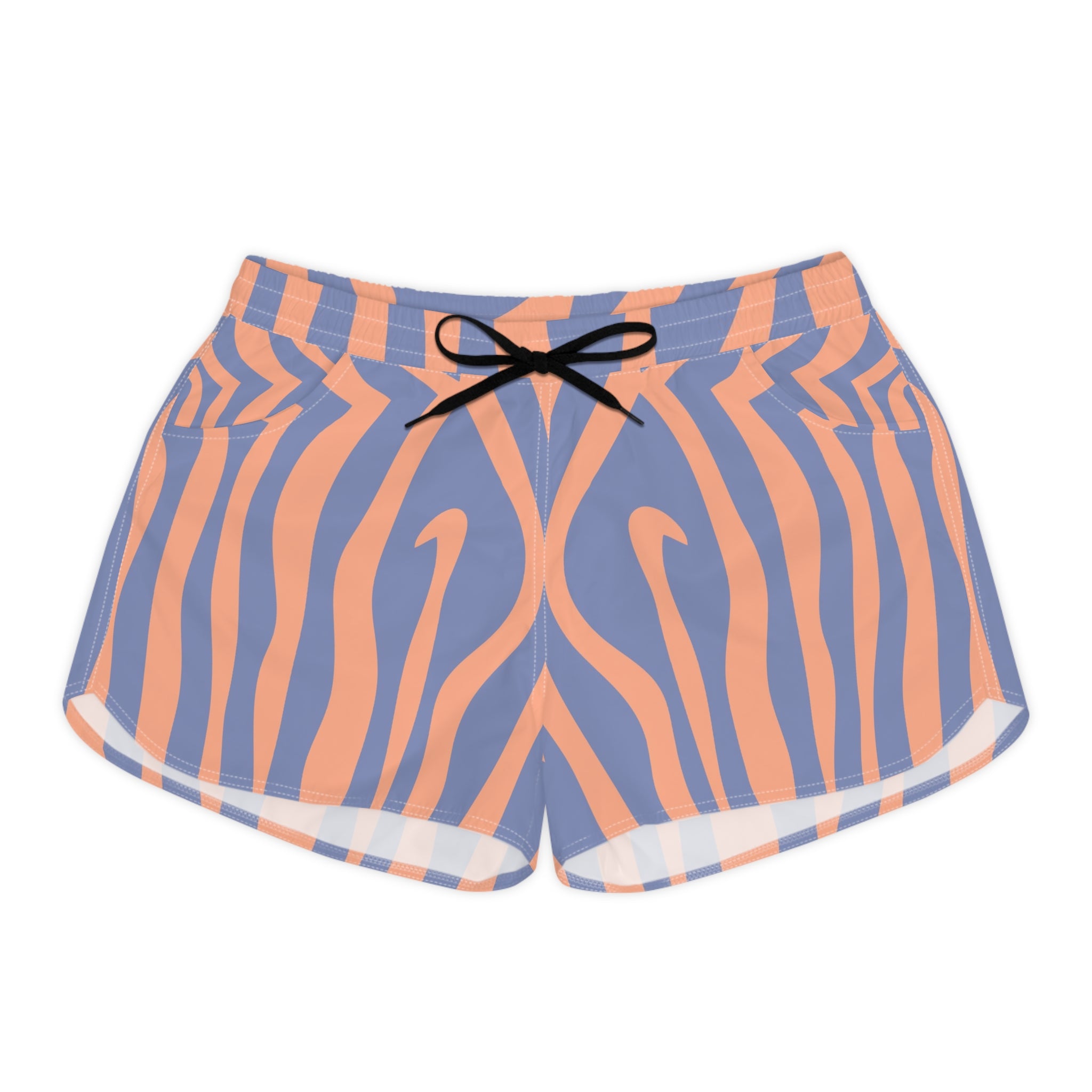 Zebra Stripes Orange and Blue Women's Casual Shorts (AOP), Artsulli - Art is Long, Life is Short, All Over Prints, Size, S, Color, Black drawstring, , , 24008665836618605301