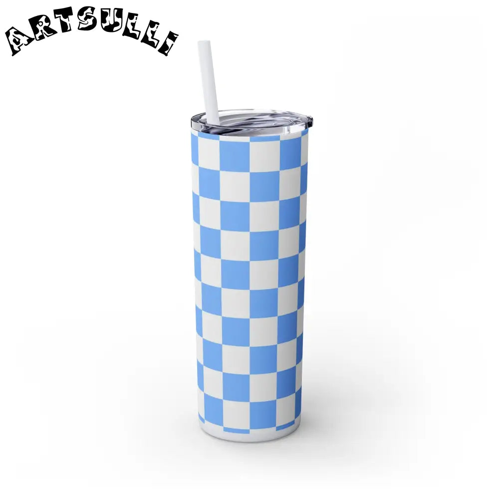 JAKKOUTTHEBXX Checkerboard White and Light Blue Skinny Tumbler