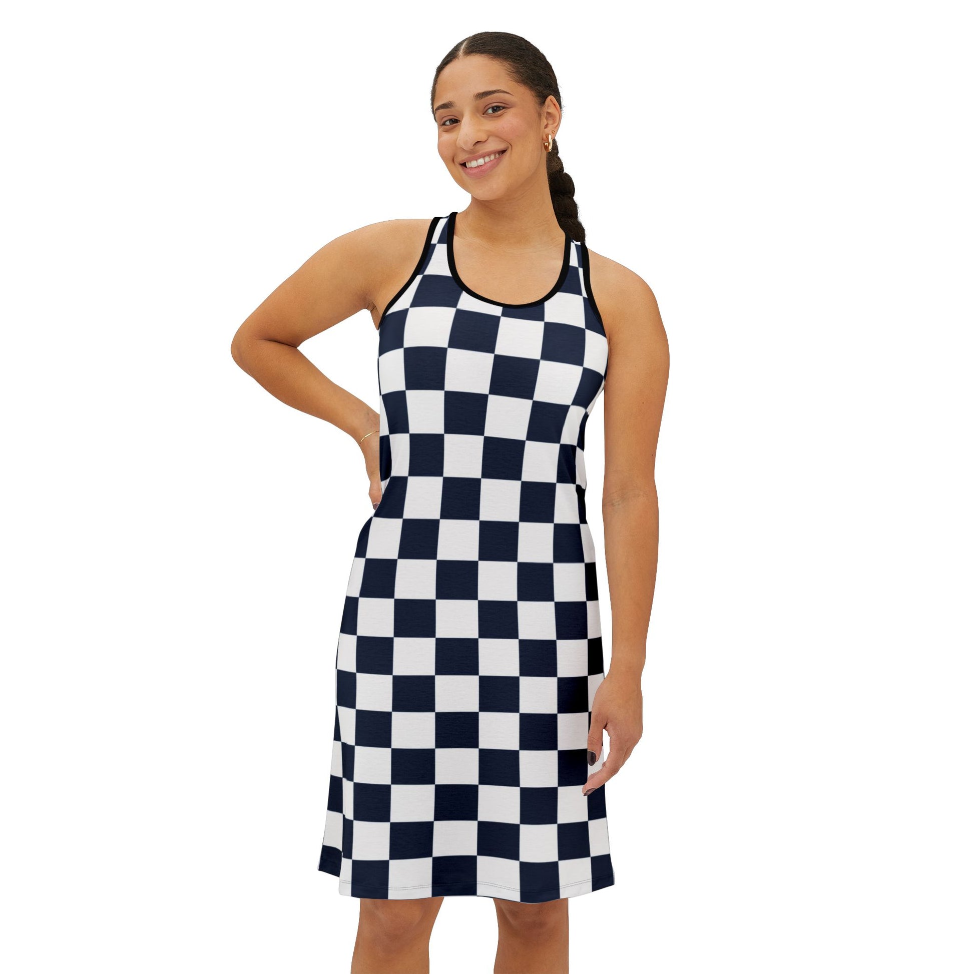 Checkerboard White and Navy Blue Women's Racerback Dress (AOP), Artsulli - Art is Long, Life is Short, Tank Top, , , , , , , 