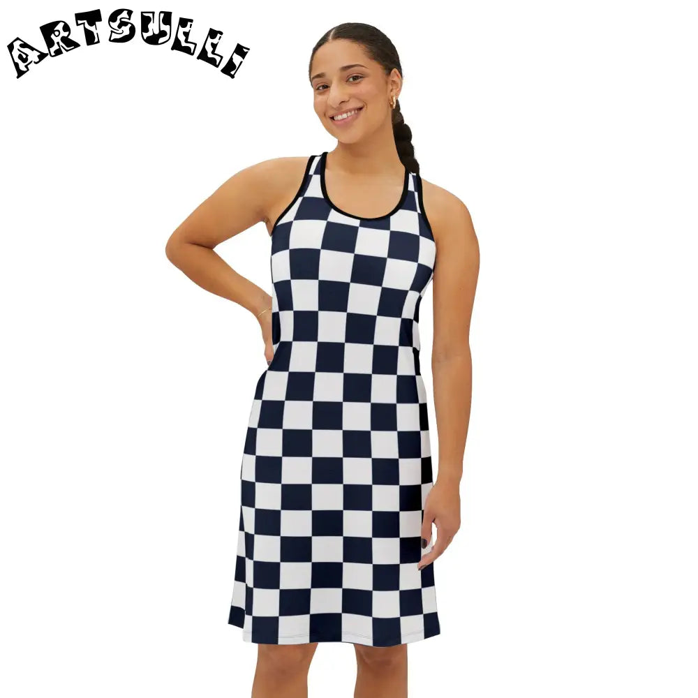 JAKKOUTTHEBXX Checkerboard White and Navy Blue Women’s Racerback