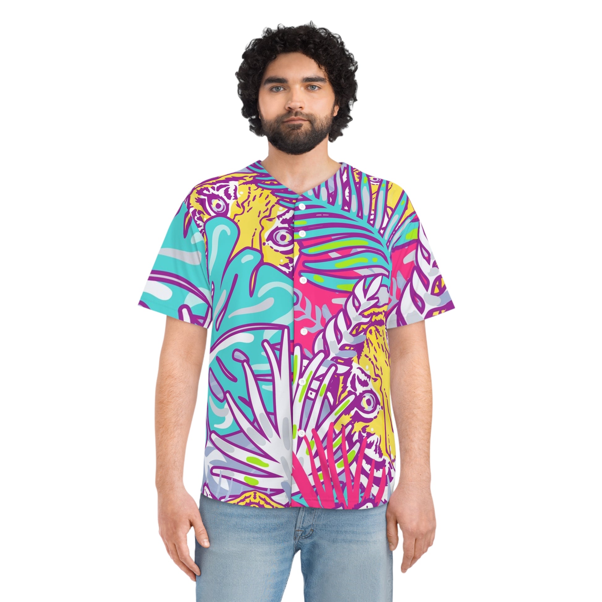 Tropical Floral Tigers Torquise and Purple Men's Baseball Jersey (AOP), Artsulli - Art is Long, Life is Short, All Over Prints, , , , , , , 