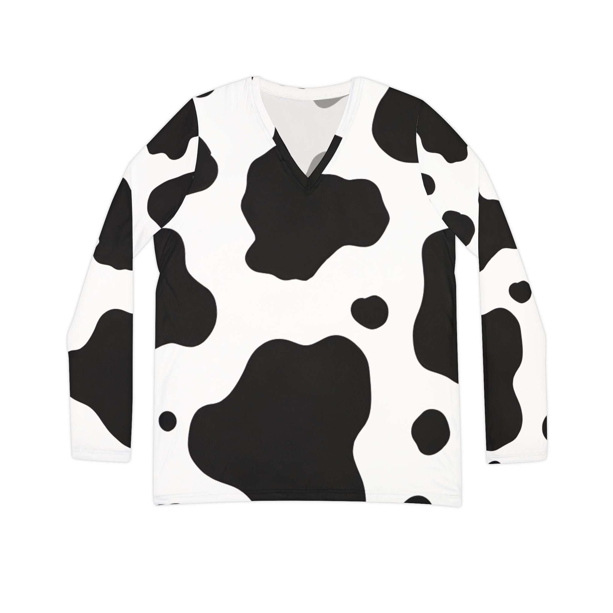 Cow Print Focus Women's Long Sleeve V-neck Shirt (AOP)
