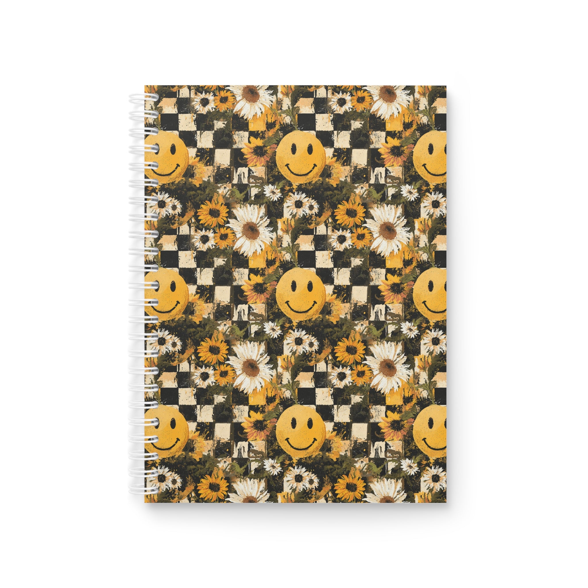 Smiley Face x Checkerboard x Sunflowers x Trippy x Vintage Black and Yellow Spiral Notebook, Artsulli - Art is Long, Life is Short, Paper products, Size, One Size, , , , , 18534103950401529098