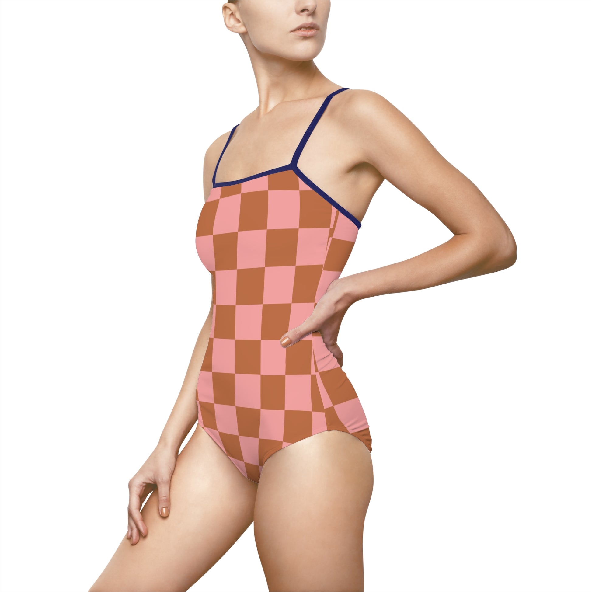 Chessboard Pink and Brown Women's One-piece Swimsuit (AOP), Artsulli - Art is Long, Life is Short, All Over Prints, , , , , , , 
