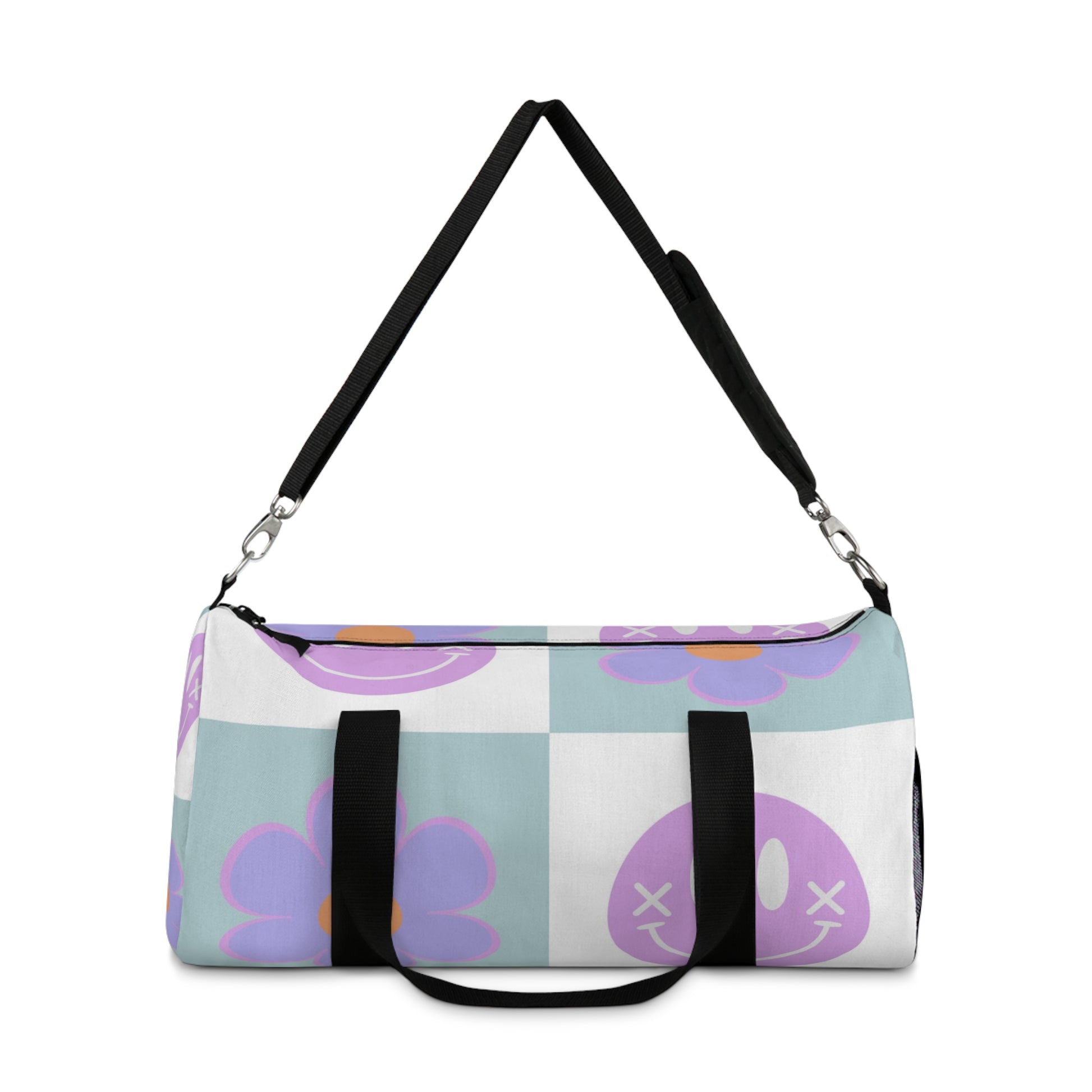 Flower x Smiley Face x Checkerboard Purple Duffel Bag, Artsulli - Art is Long, Life is Short, Bags, , , , , , , 