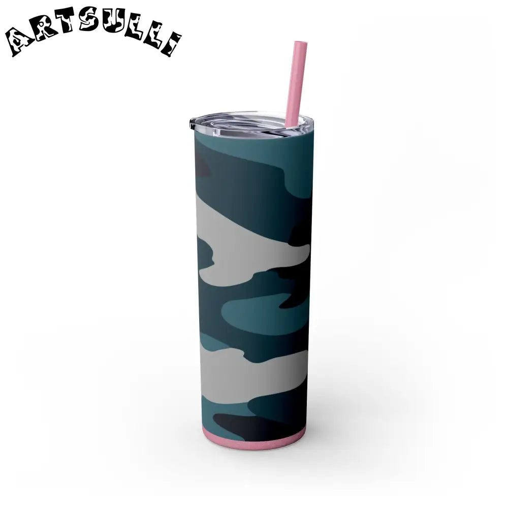 JAKKOUTTHEBXX Blue Camouflage Skinny Tumbler with Straw 20oz