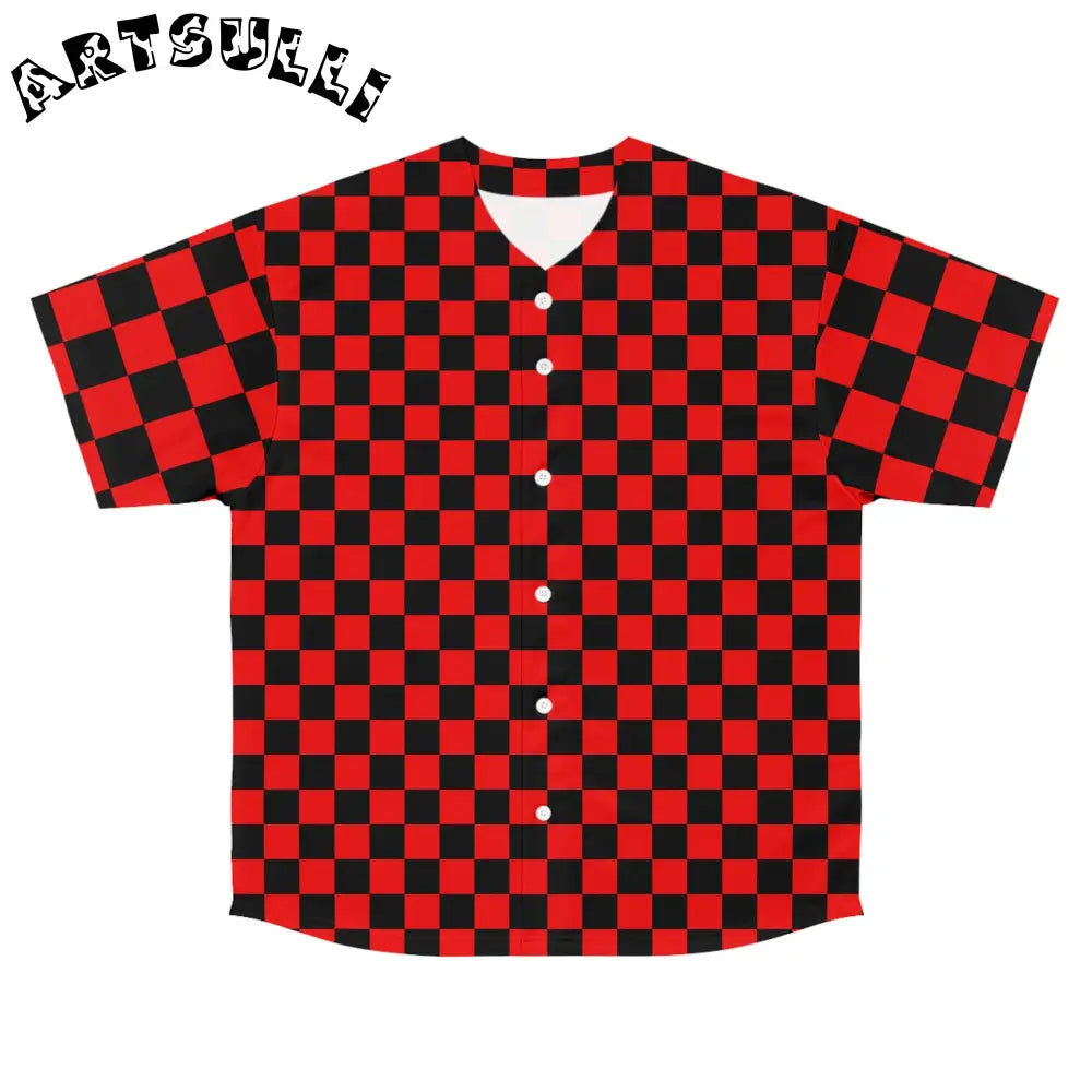 JAKKOUTTHEBXX Checkerboard II Red and Black Men’s Baseball Jersey