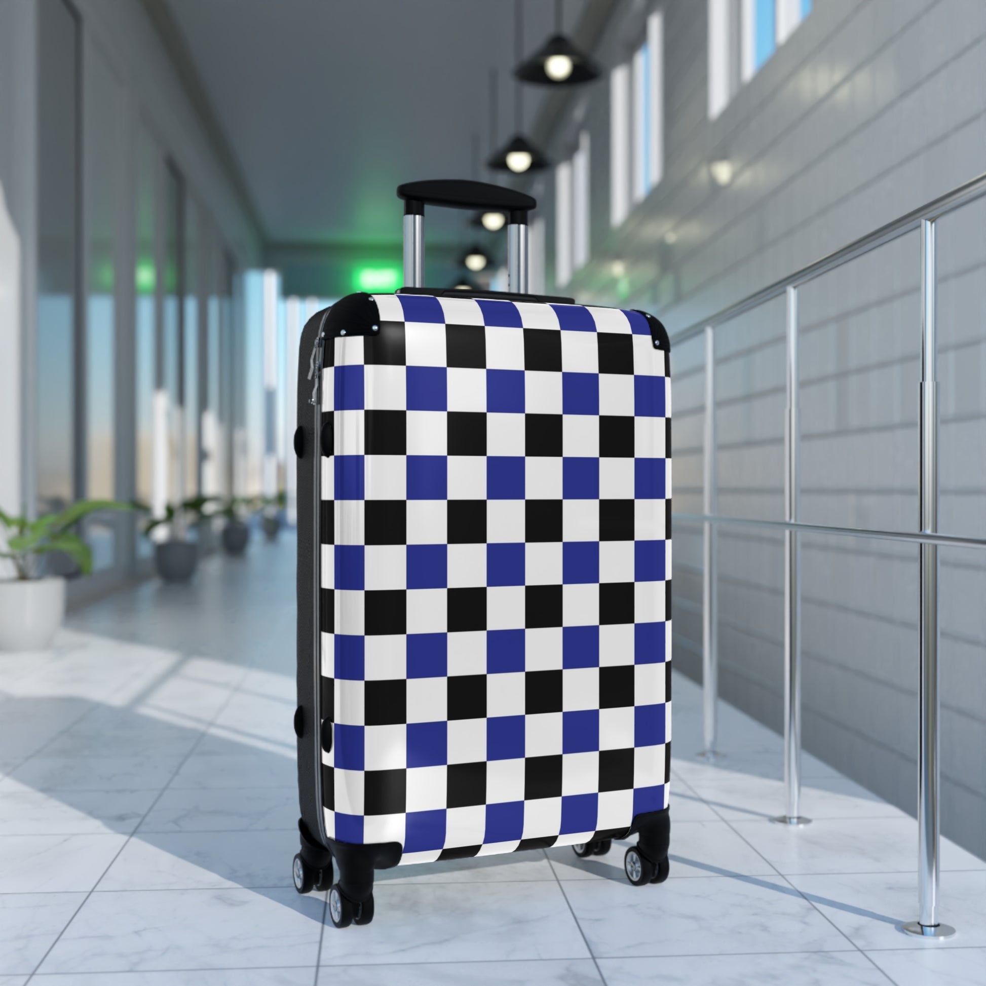 Checkerboard Blue White and Black Suitcase, Artsulli - Art is Long, Life is Short, Bags, , , , , , , 