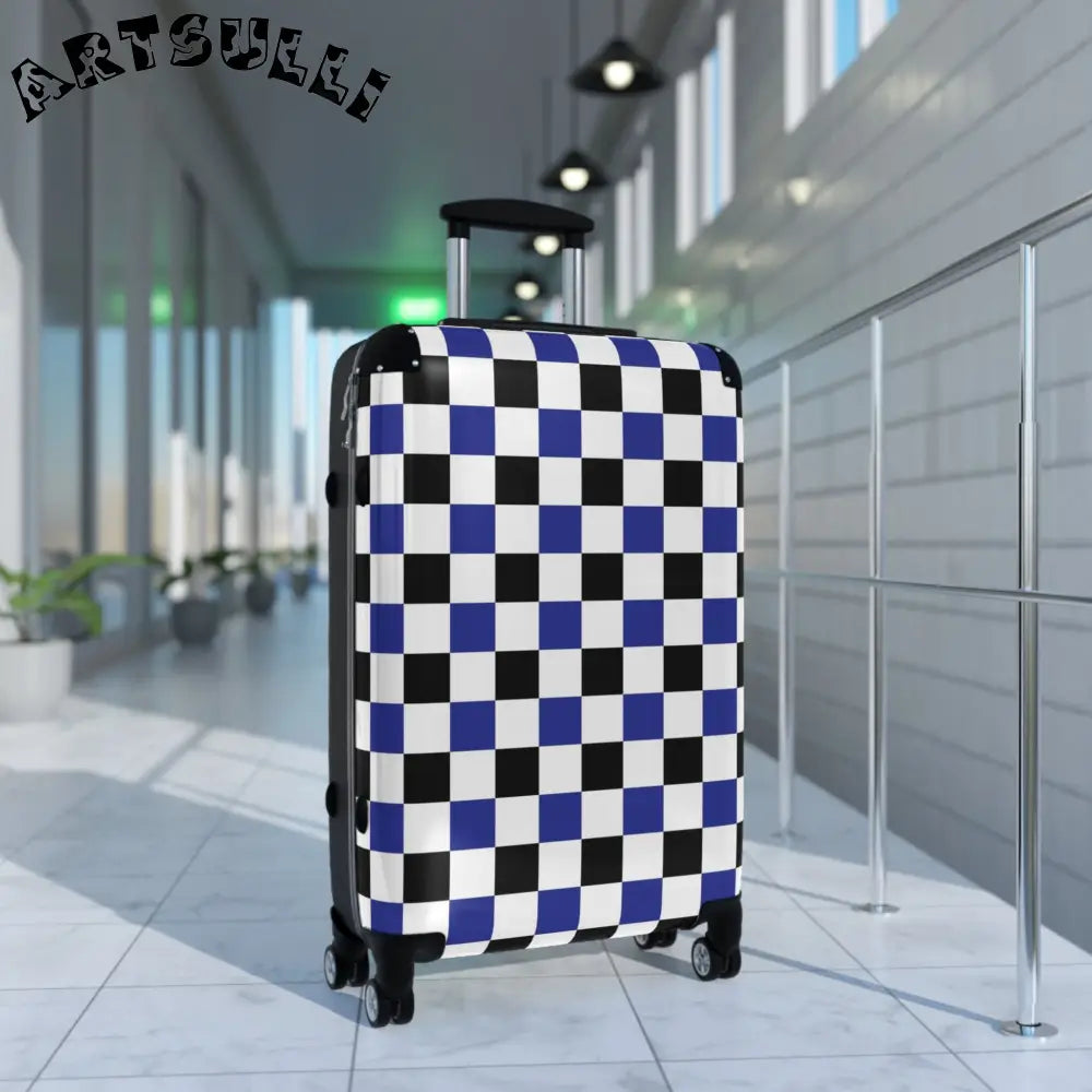 JAKKOUTTHEBXX Checkerboard Blue White and Black Suitcase