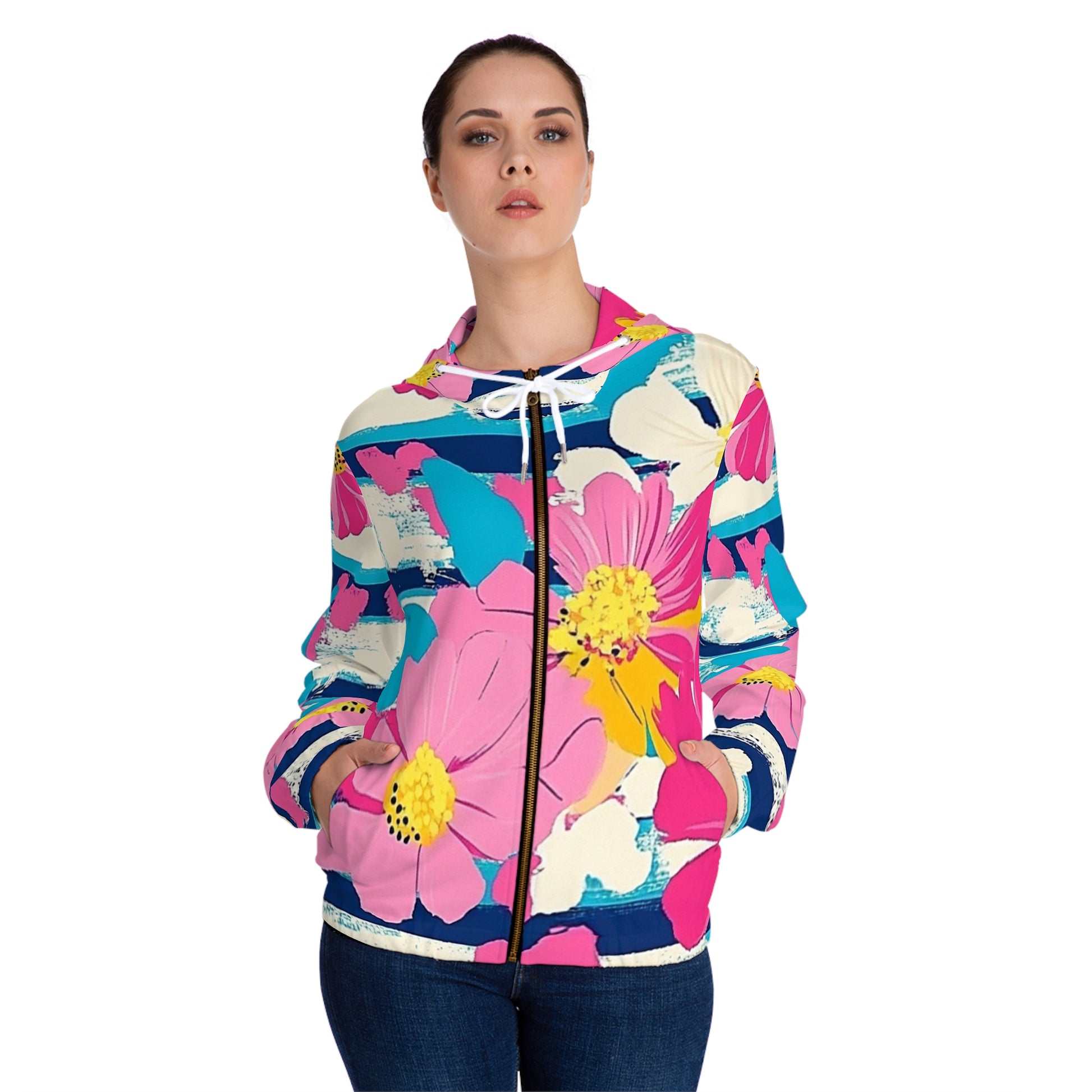 Dayglo Floral Stripes Women’s Full-Zip Hoodie (AOP), Artsulli - Art is Long, Life is Short, All Over Prints, , , , , , , 