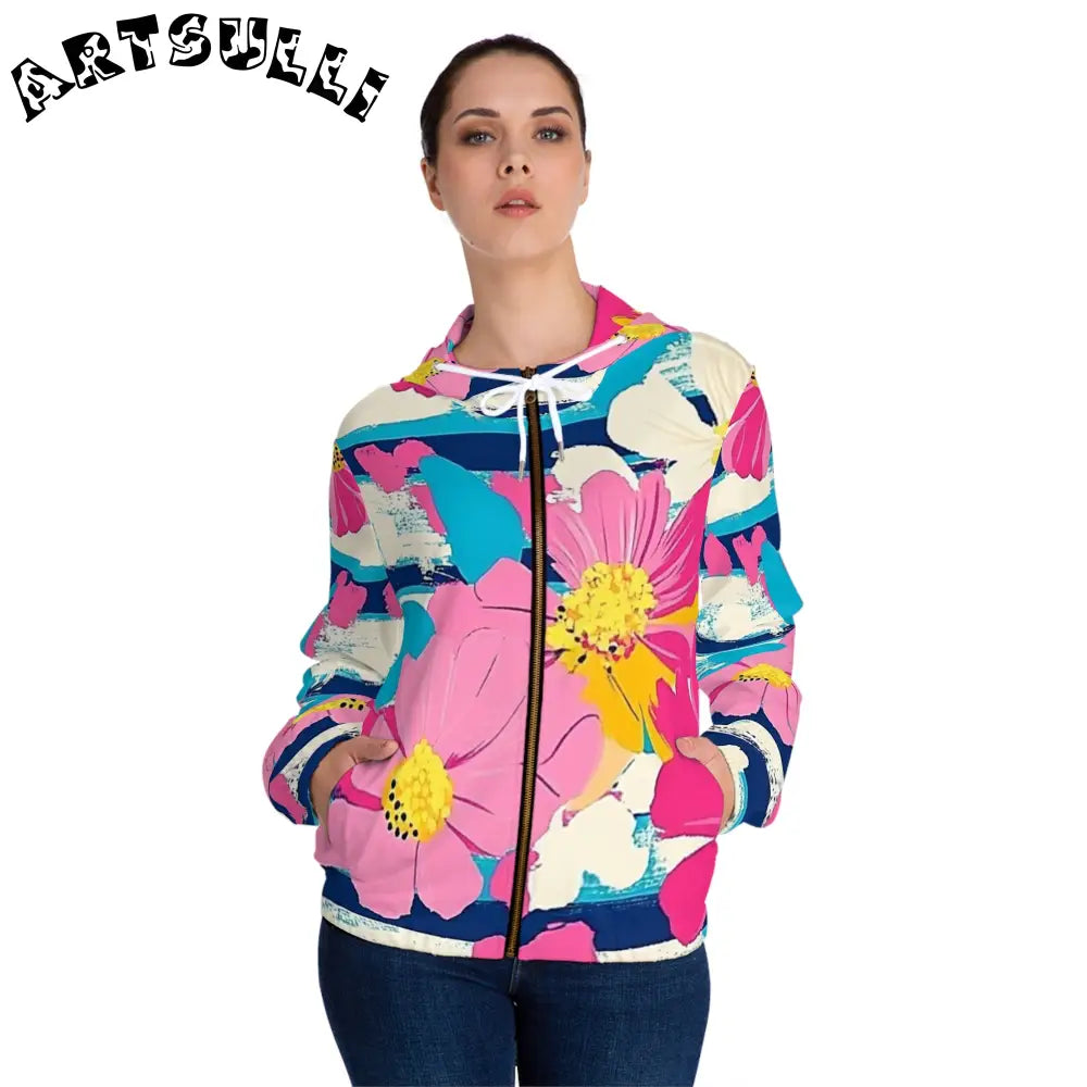 JAKKOUTTHEBXX Dayglo Floral Stripes Women’s Full-Zip Hoodie (AOP)