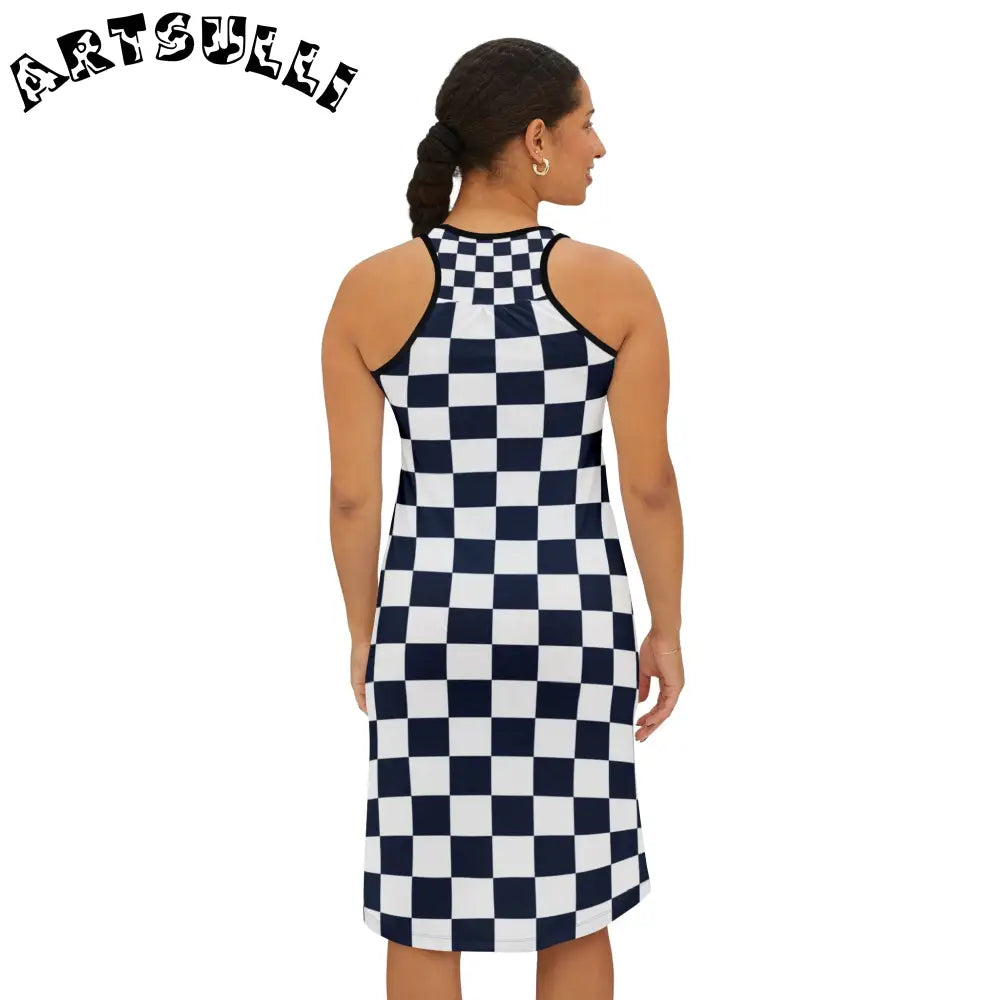 JAKKOUTTHEBXX Checkerboard White and Navy Blue Women’s Racerback