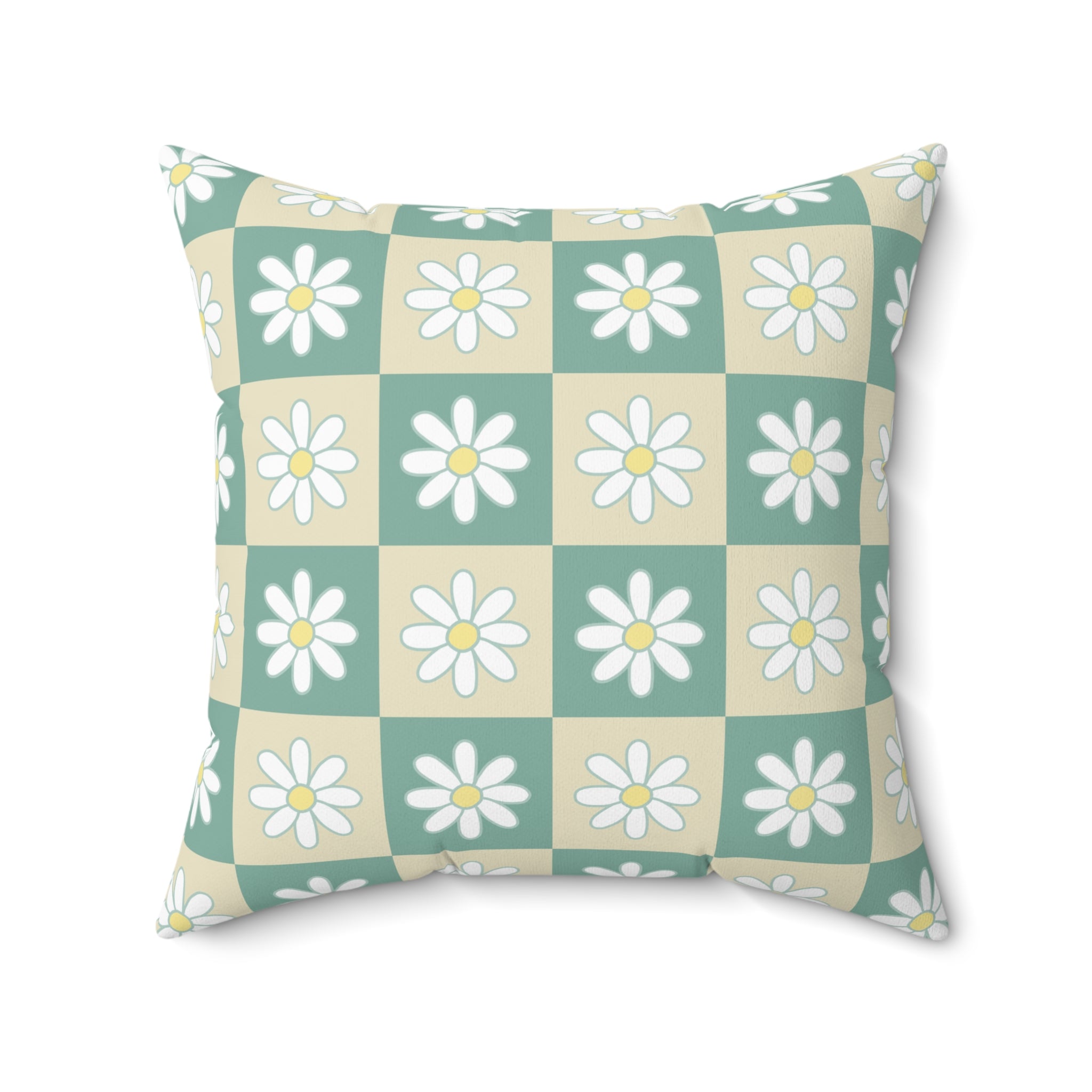 Retro Daisy Checkerboard Green and Tan Spun Polyester Square Pillow, Artsulli - Art is Long, Life is Short, Home Decor, , , , , , , 