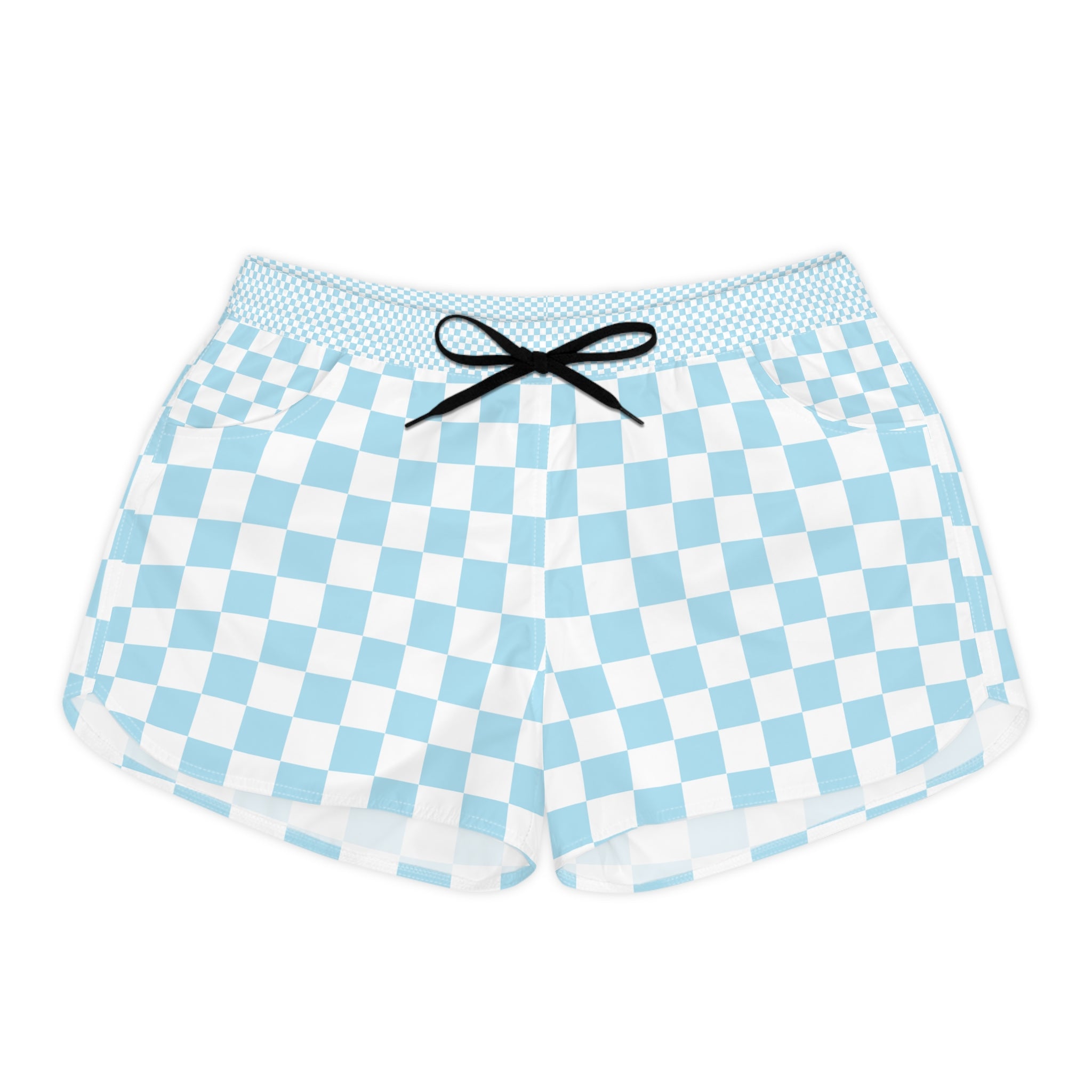 Checkerboard Sky Blue Women's Casual Shorts (AOP), Artsulli - Art is Long, Life is Short, All Over Prints, Size, S, Color, Black drawstring, , , 22854790846524454449