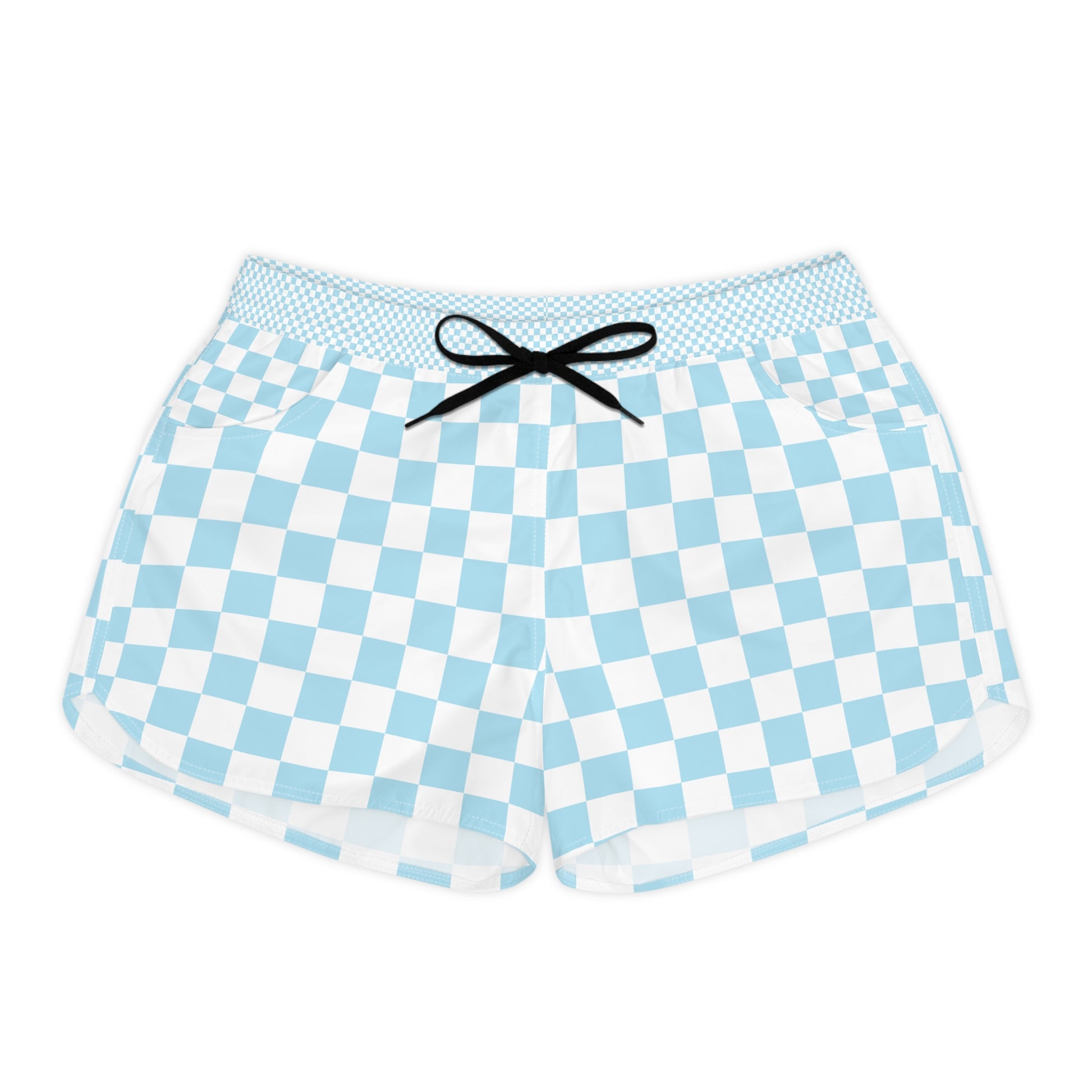 Checkerboard Light Blue Women's Casual Shorts (AOP), Artsulli - Art is Long, Life is Short, All Over Prints, Size, S, Color, Black drawstring, , , 18814036449478757400
