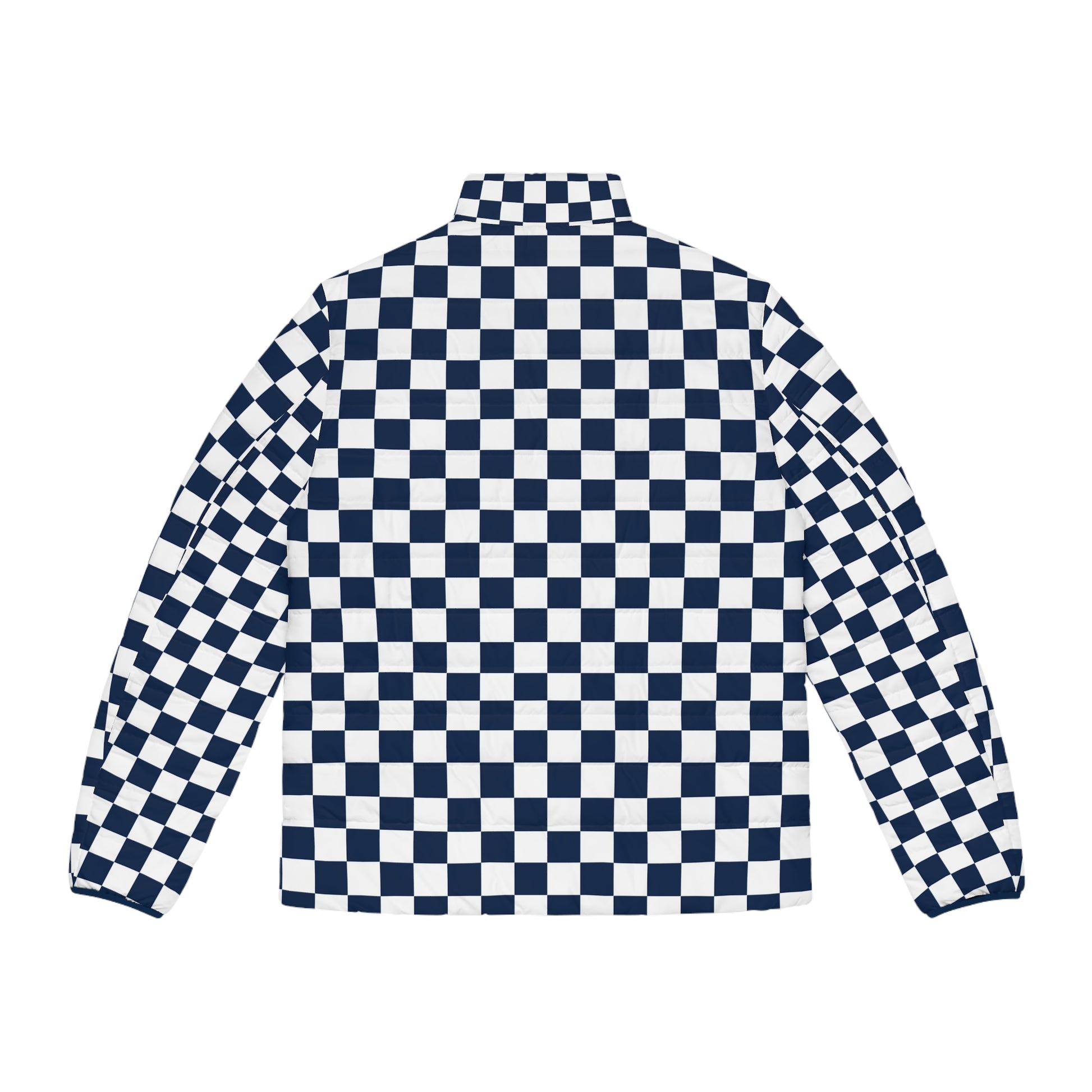 Checkerboard White and Navy Blue Men's Puffer Jacket (AOP), Artsulli - Art is Long, Life is Short, All Over Prints, , , , , , , 