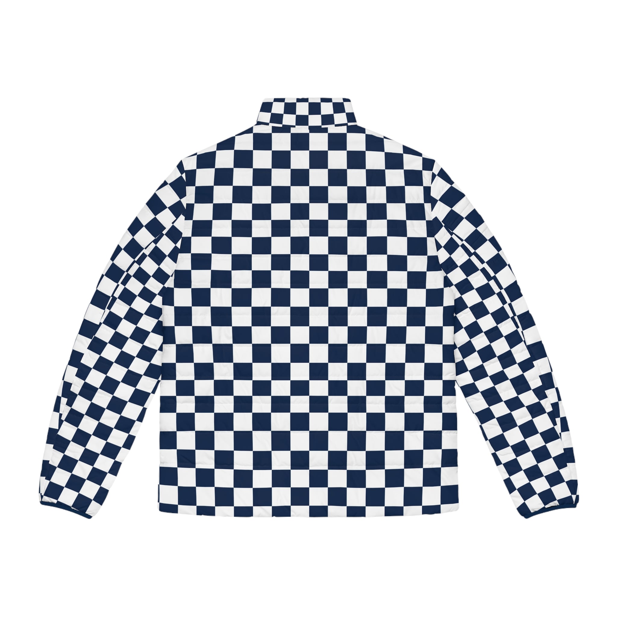 Checkerboard White and Navy Blue Men's Puffer Jacket (AOP), Artsulli - Art is Long, Life is Short, All Over Prints, , , , , , , 