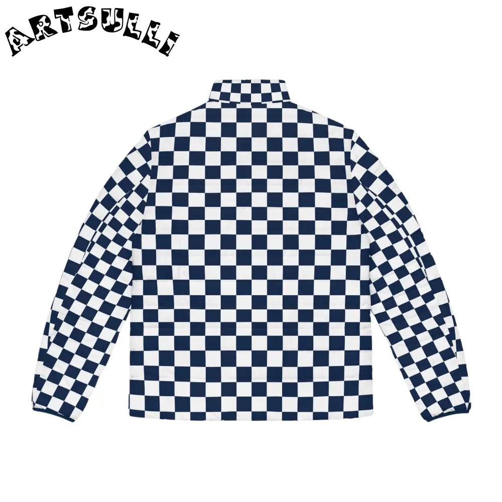 JAKKOUTTHEBXX Checkerboard White and Navy Blue Men’s Puffer Jacket