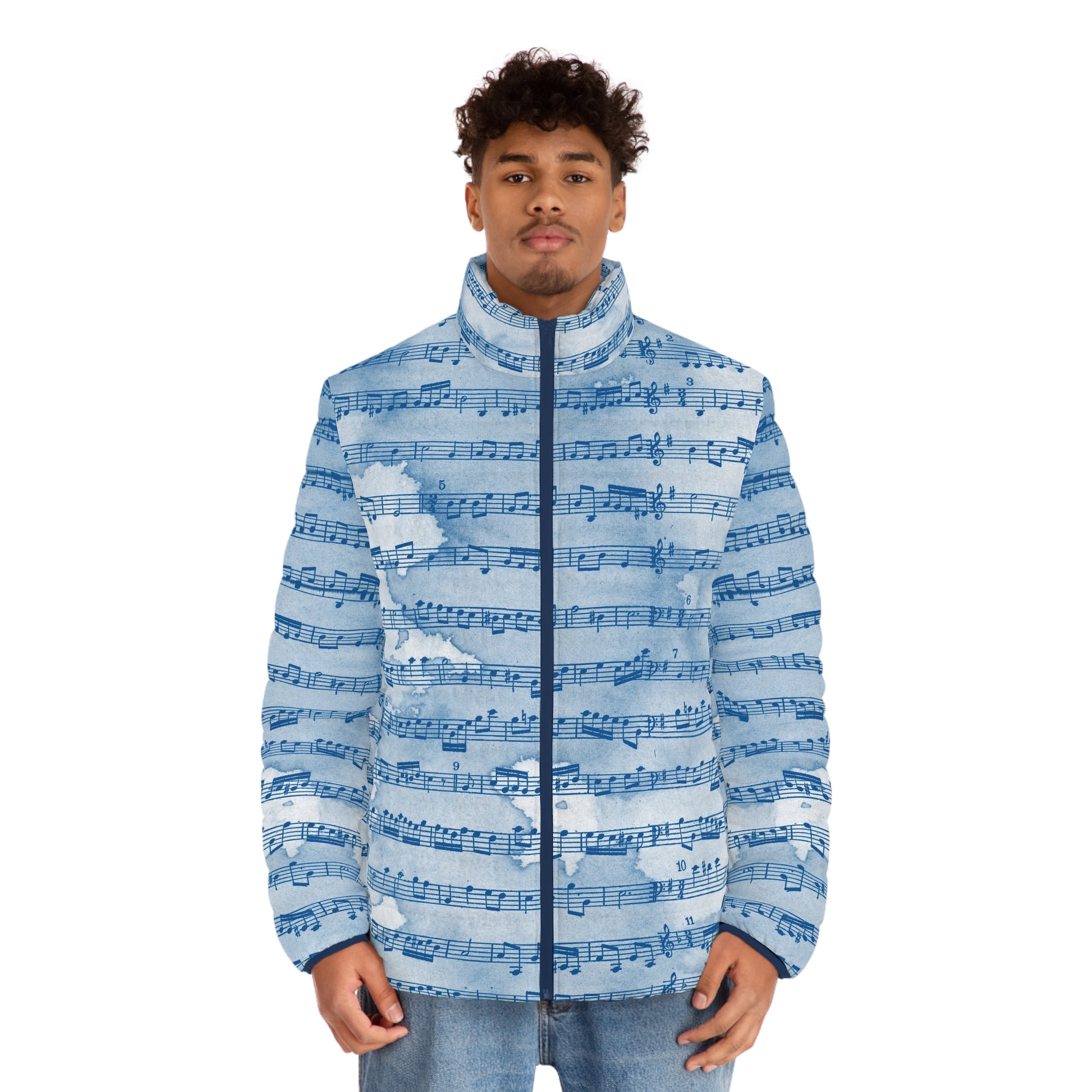 Drip Spill Type Beat Sheet Music Blue Men's Puffer Jacket (AOP), Artsulli - Art is Long, Life is Short, All Over Prints, , , , , , , 