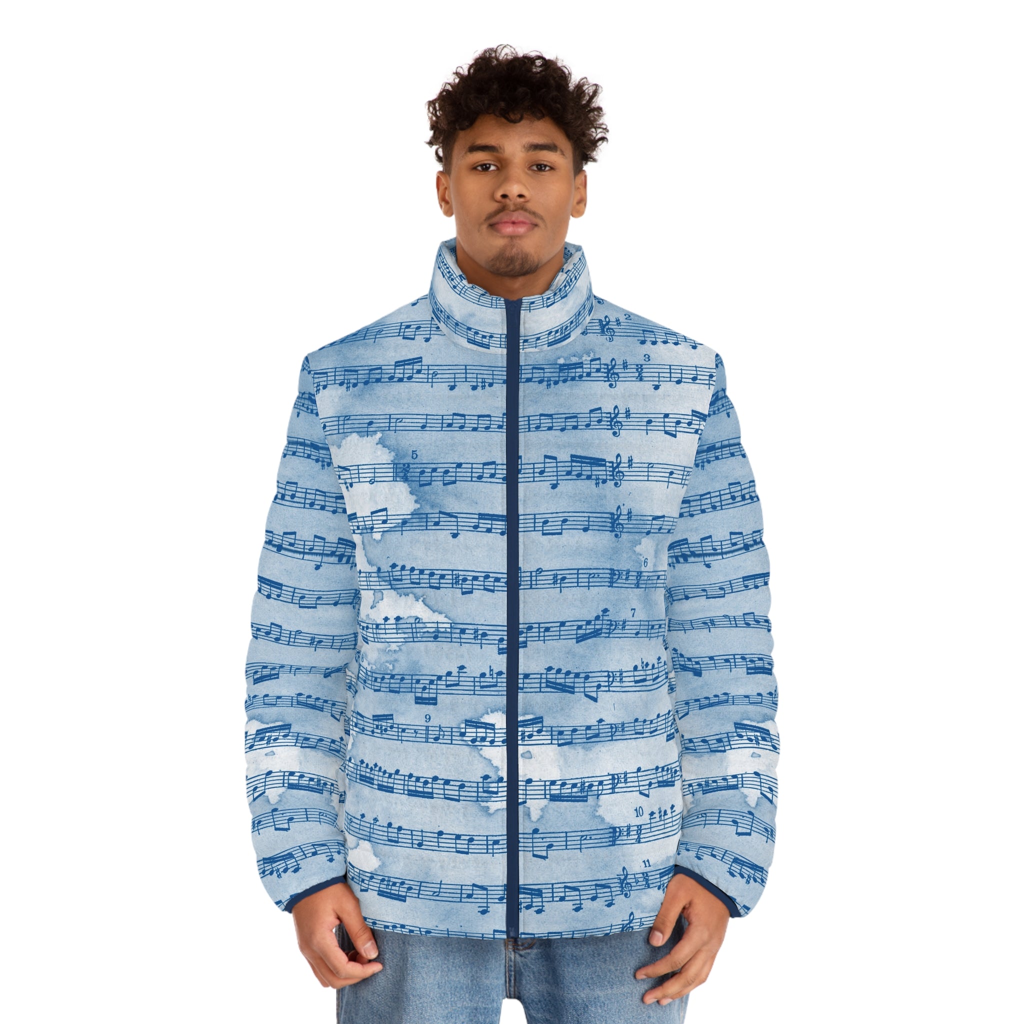Drip Spill Type Beat Sheet Music Blue Men's Puffer Jacket (AOP), Artsulli - Art is Long, Life is Short, All Over Prints, , , , , , , 