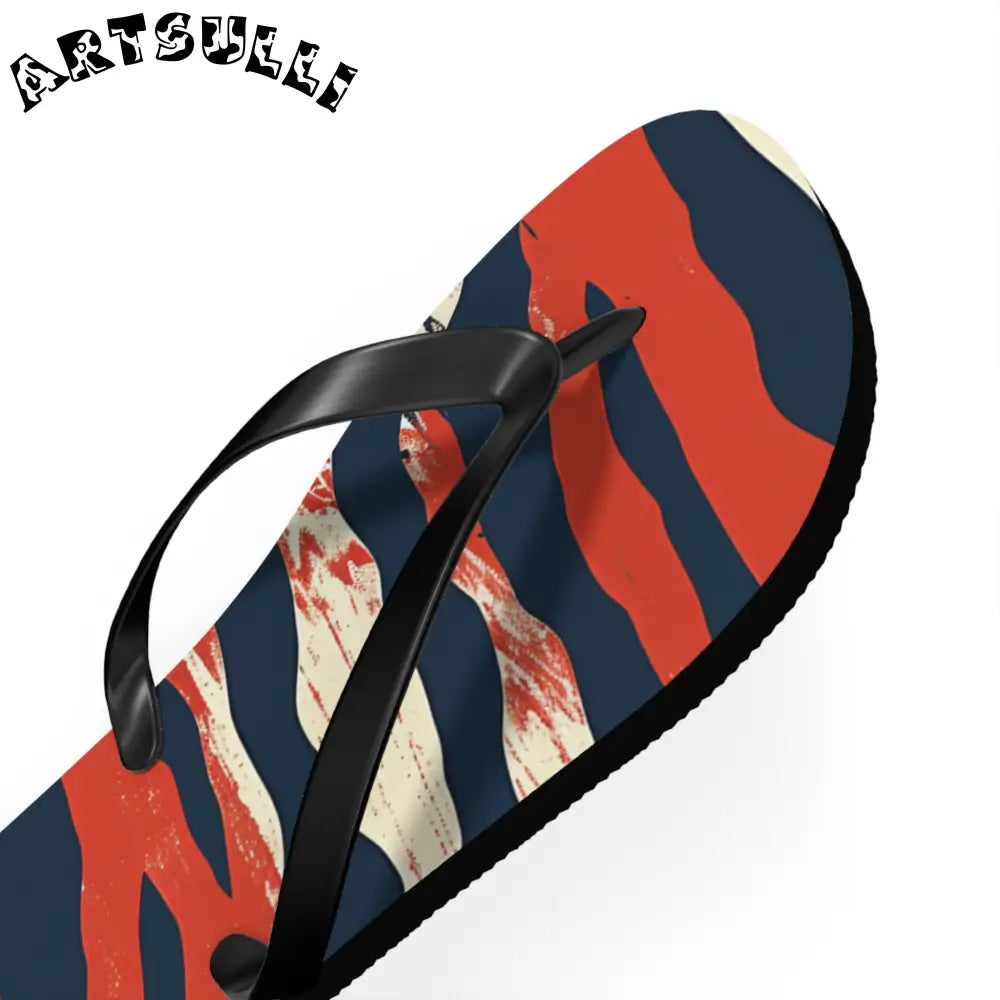 JAKKOUTTHEBXX Red White Blue Abstract Striped Flip Flops