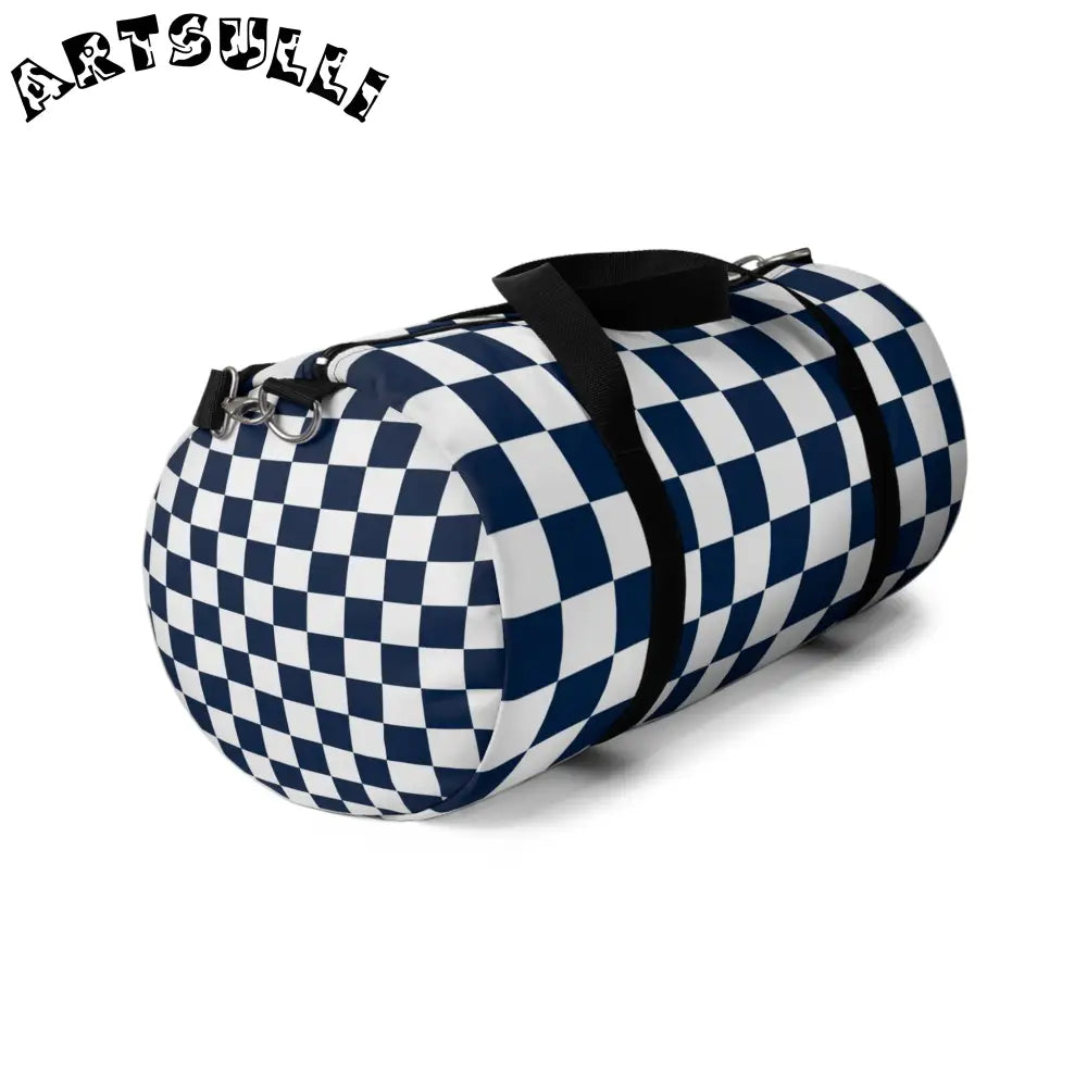 JAKKOUTTHEBXX Checkerboard II White and Navy Blue Duffel Bag