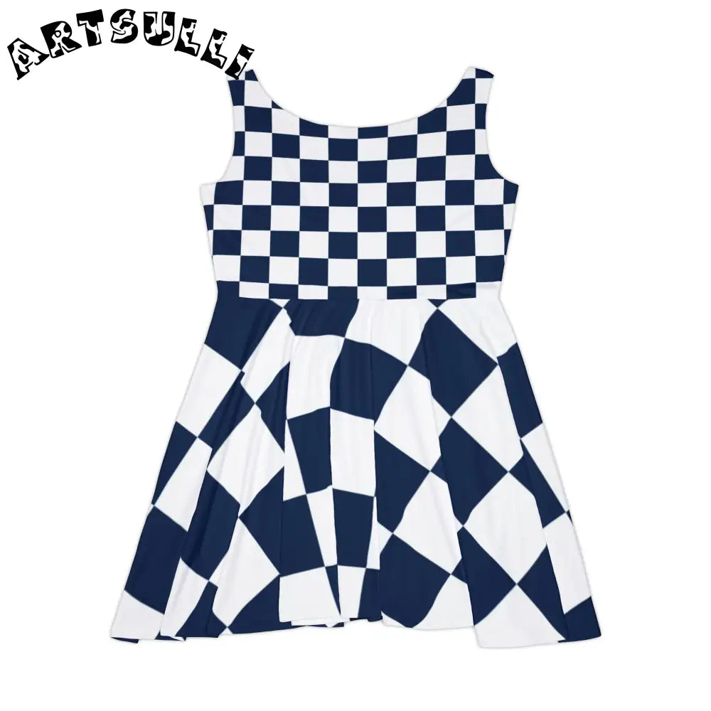 JAKKOUTTHEBXX Checkerboard White and Navy Blue Women’s Skater Dress