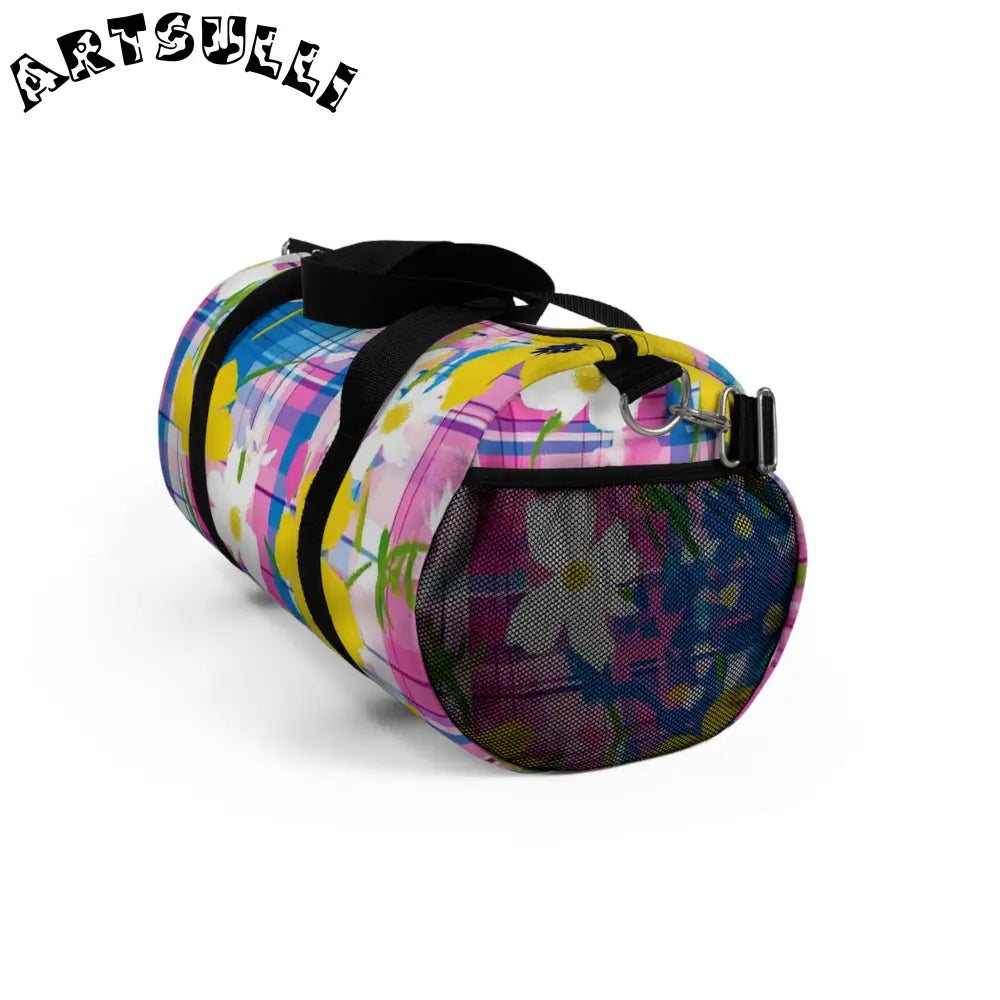 JAKKOUTTHEBXX Plaid Garden II Pink and Purple Duffel Bag