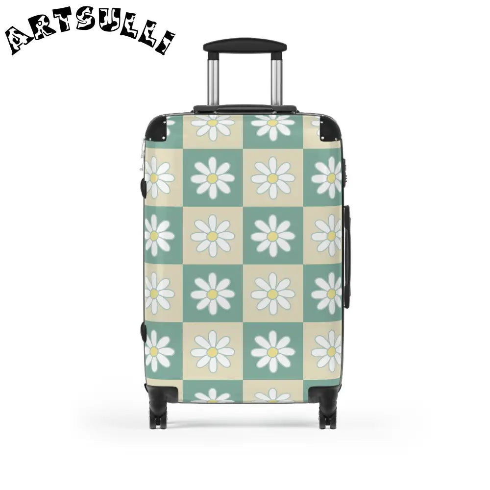 JAKKOUTTHEBXX Retro Daisy Checkerboard Green and Tan Suitcase