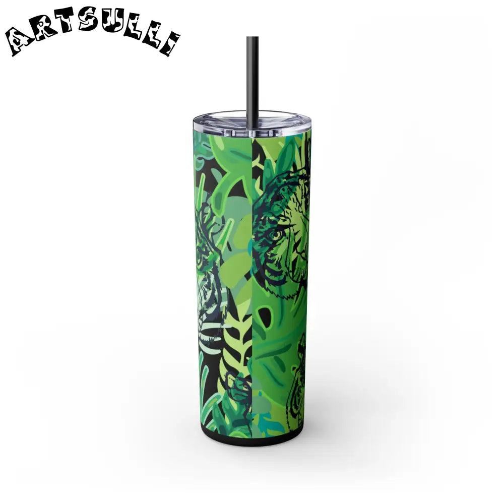 JAKKOUTTHEBXX Tropical Jungle Tigers Green Skinny Tumbler with Straw