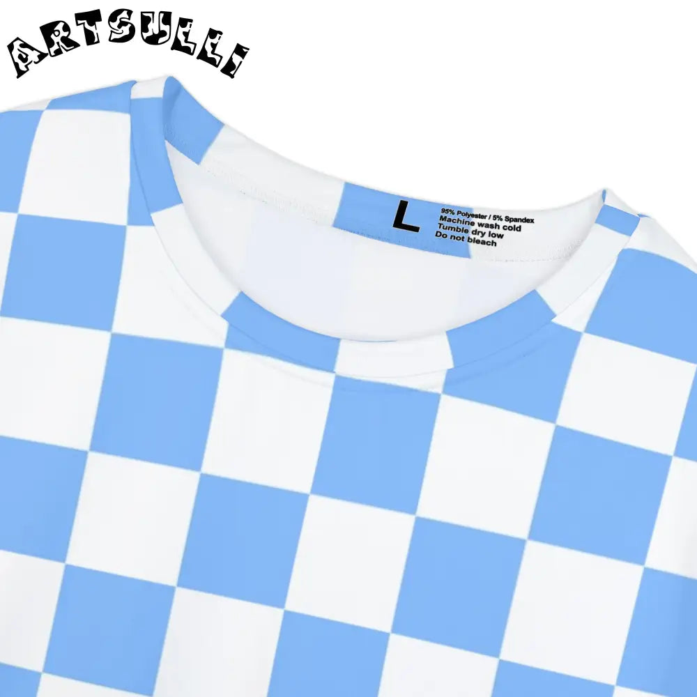 JAKKOUTTHEBXX Checkerboard White and Light Blue Women’s Short Sleeve