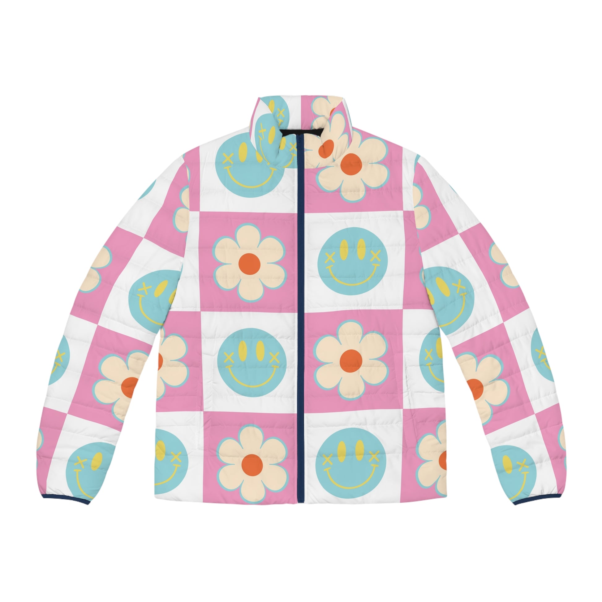 Madotsukis Grin Bloom Men's Puffer Jacket (AOP), Artsulli - Art is Long, Life is Short, All Over Prints, Size, S, Color, Dark blue zipper, , , 18880279991415724062