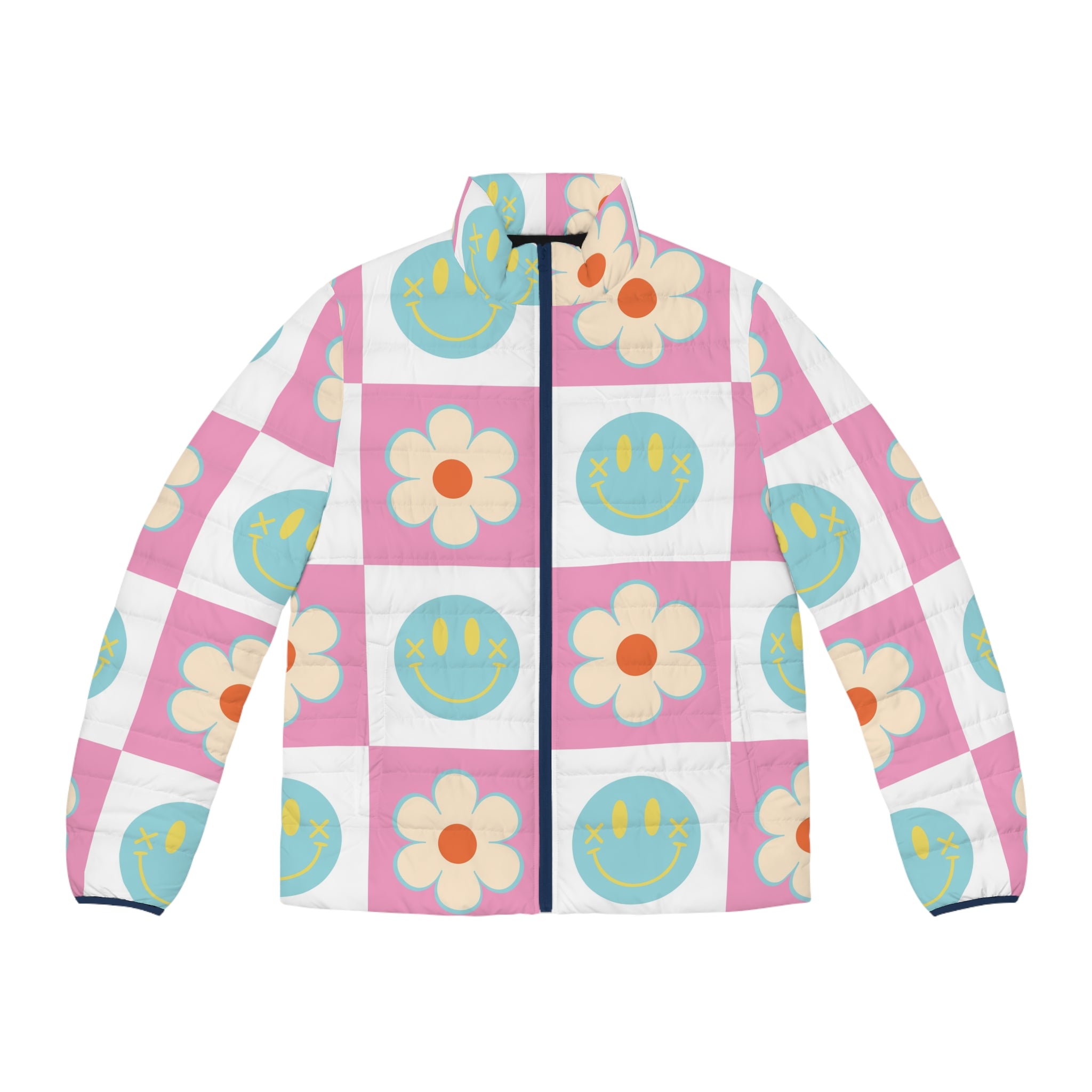 Madotsukis Grin Bloom Men's Puffer Jacket (AOP), Artsulli - Art is Long, Life is Short, All Over Prints, Size, S, Color, Dark blue zipper, , , 18880279991415724062
