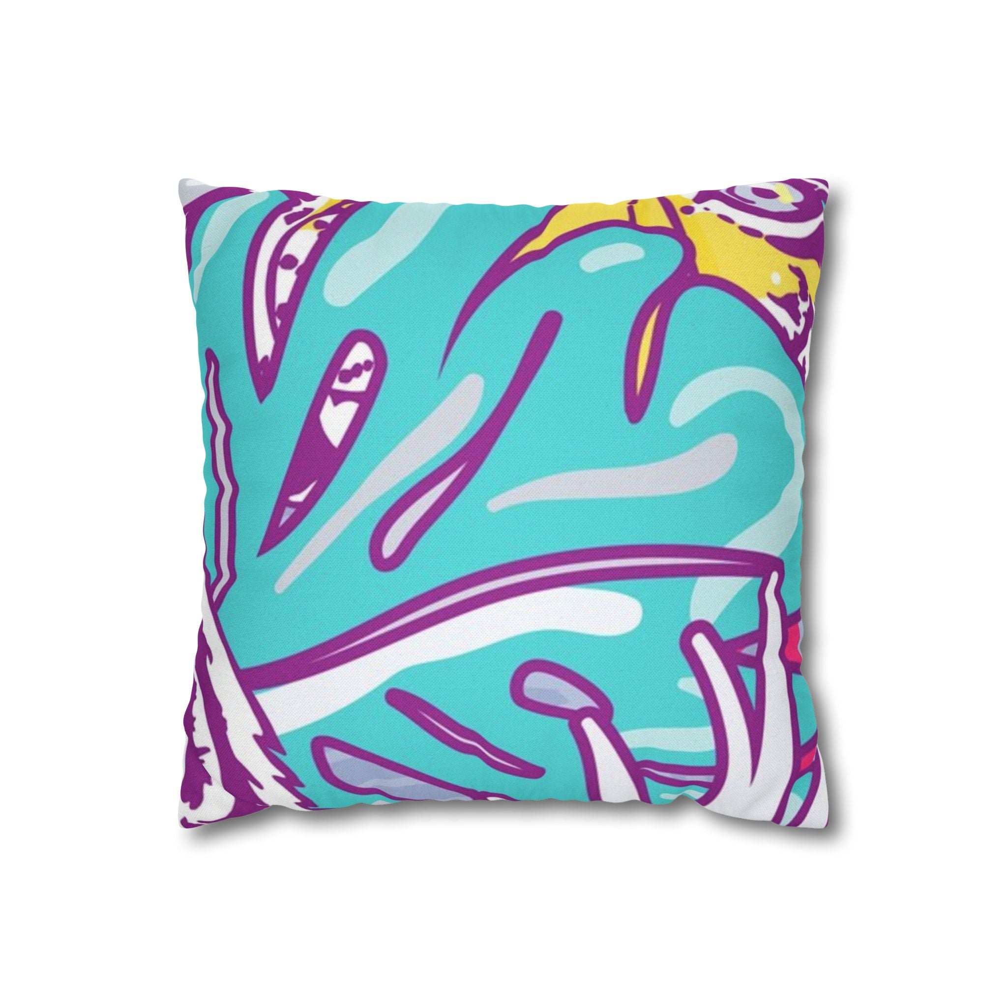 Tropical Floral Tigers Torquise and Purple Spun Polyester Square Pillowcase, Artsulli - Art is Long, Life is Short, Home Decor, Size, 14" × 14", , , , , 14221059110852