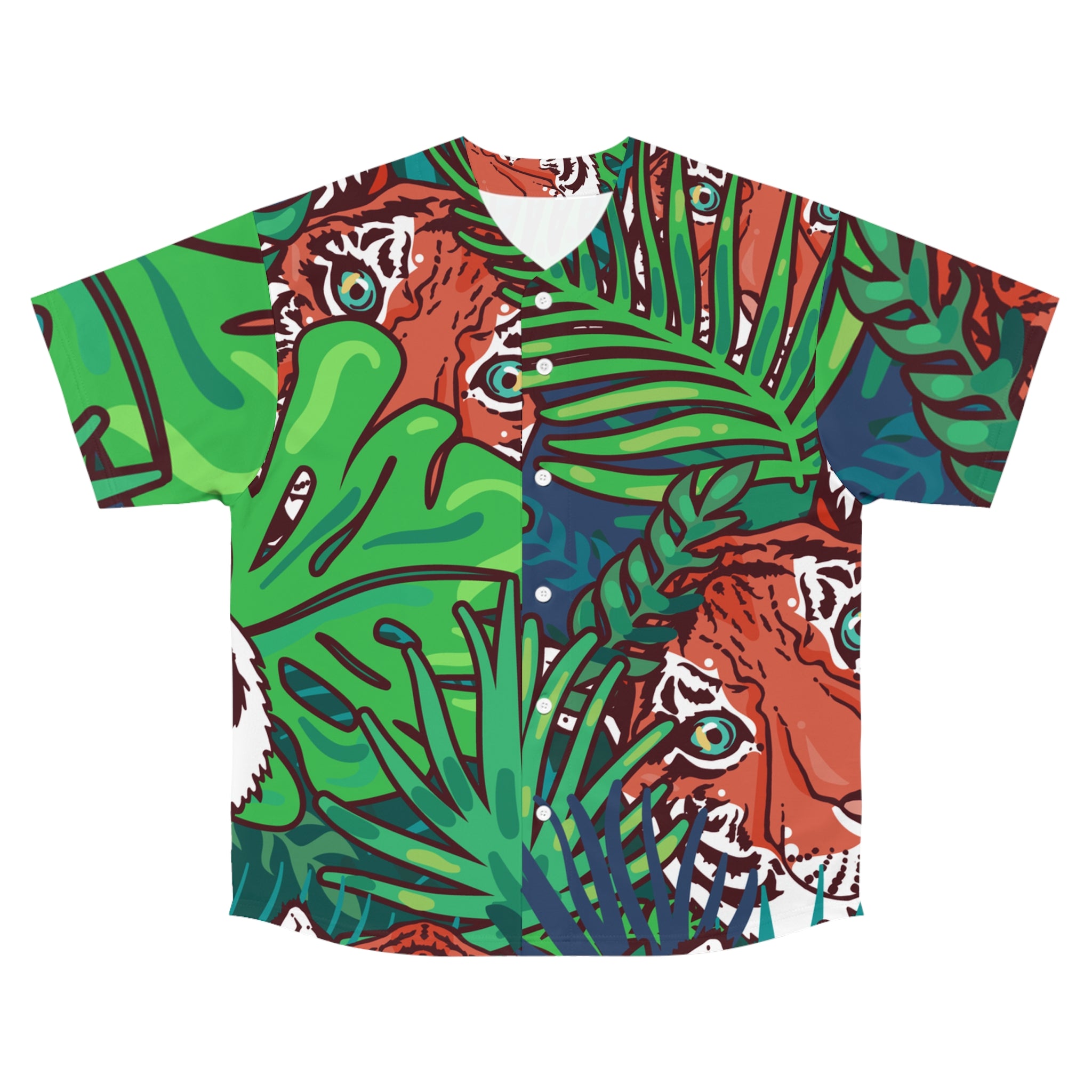Tropical Jungle Tigers Blue and Green Men's Baseball Jersey (AOP), Artsulli - Art is Long, Life is Short, All Over Prints, Size, S, Color, Seam thread color automatically matched to design, , , 14297576433886