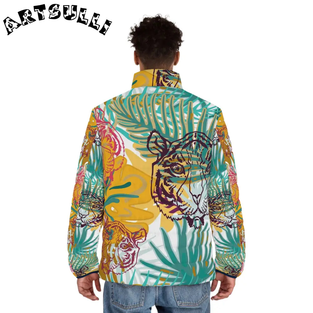 JAKKOUTTHEBXX Tropical Jungle Tigers Green and Brown Men’s Puffer
