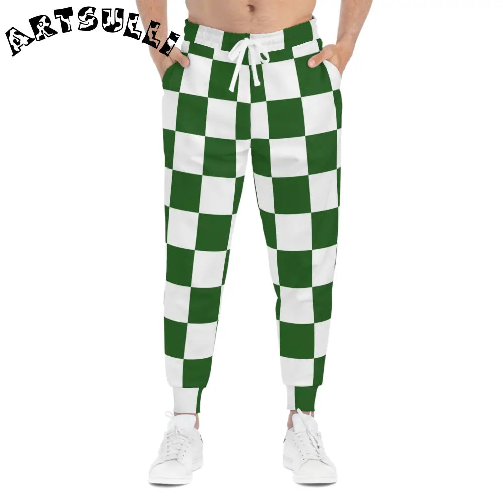 JAKKOUTTHEBXX Checkerboard White and Dark Green Athletic Joggers