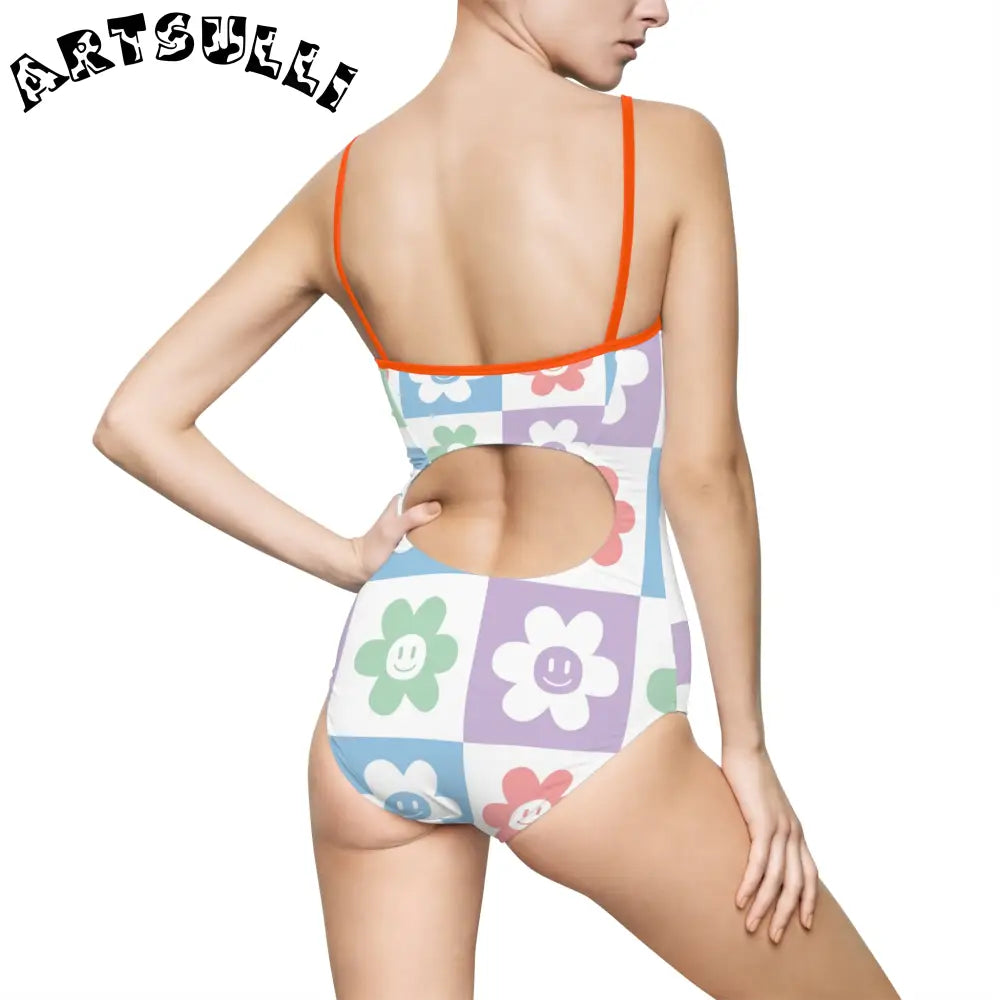 JAKKOUTTHEBXX Smiling Flower Checkerboard One-Piece Swimsuit 2025
