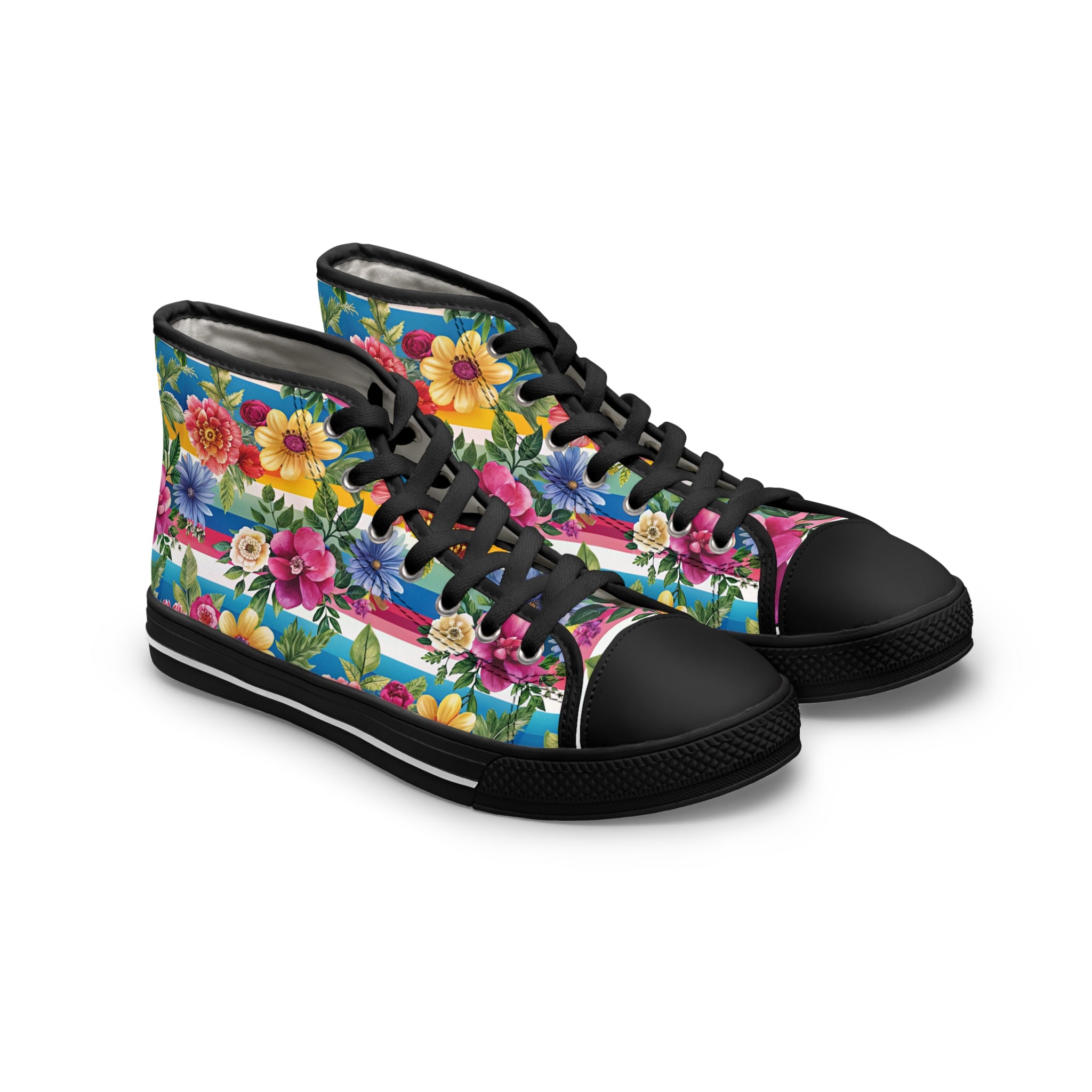 Floral Stripe 4K III Women's High Top Sneakers, Artsulli - Art is Long, Life is Short, Shoes, Size, US 5.5, Color, Black sole, , , 22943056338019057024