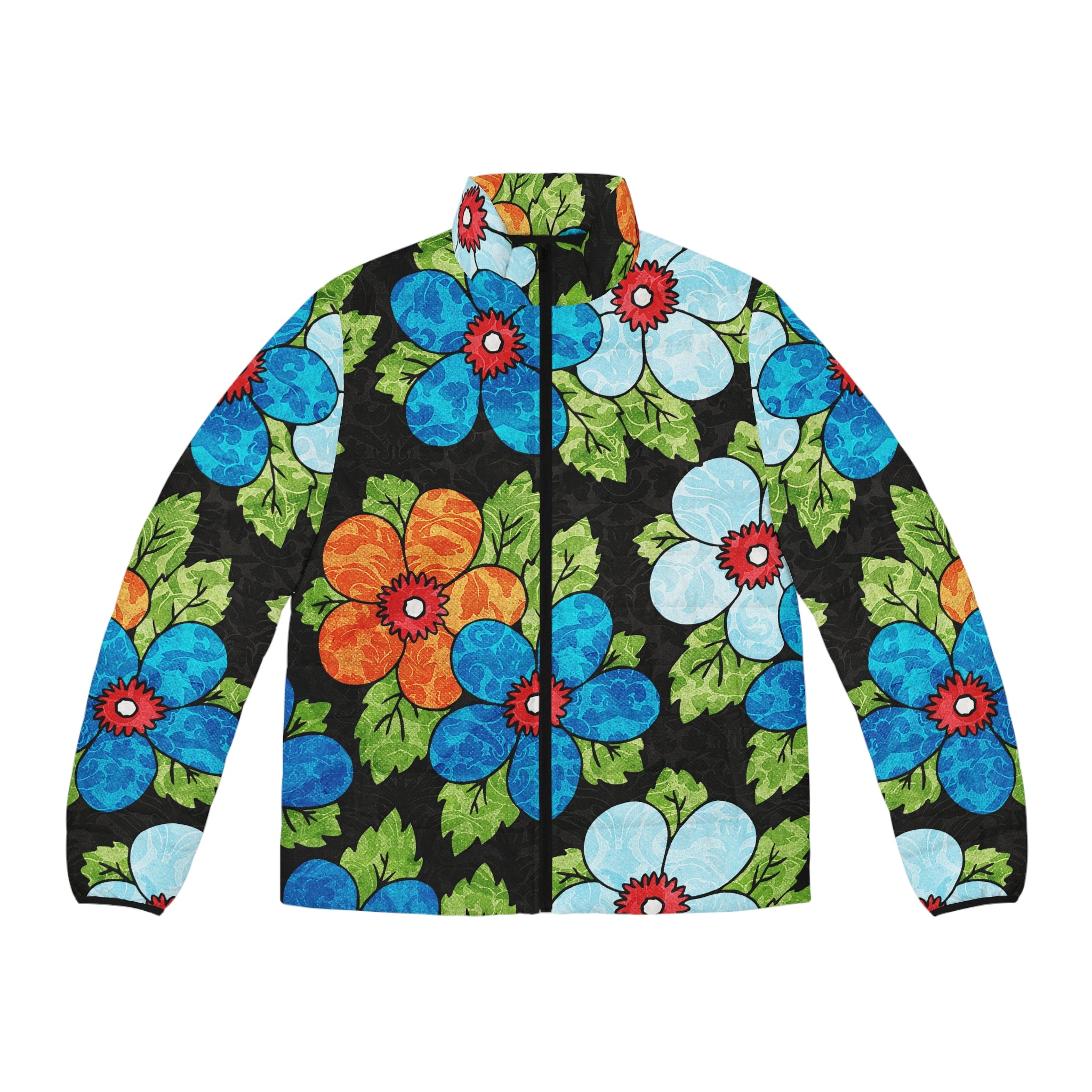 Groovy Black Floral Kl Men's Puffer Jacket (AOP), Artsulli - Art is Long, Life is Short, All Over Prints, Size, S, Color, Black zipper, , , 12871260128826451243