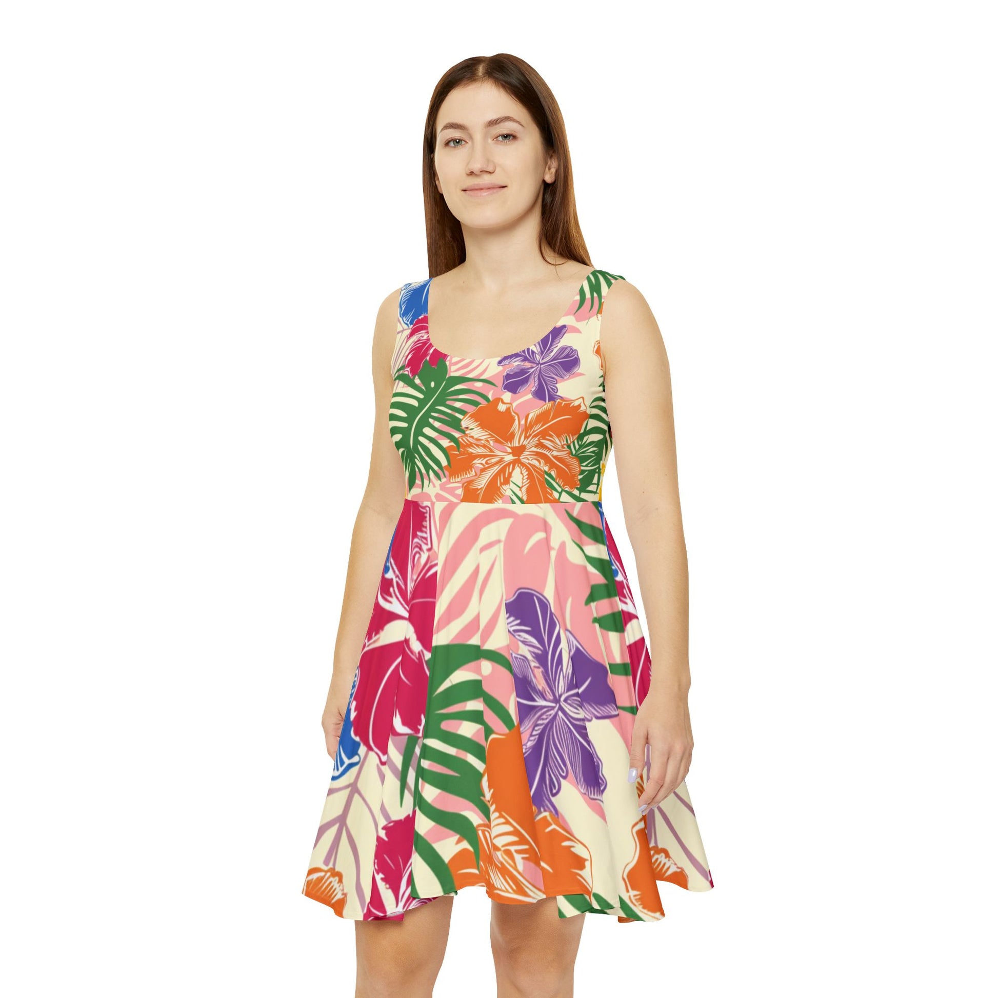 Blooming Tropical Flowers Women's Skater Dress (AOP), Artsulli - Art is Long, Life is Short, All Over Prints, , , , , , , 