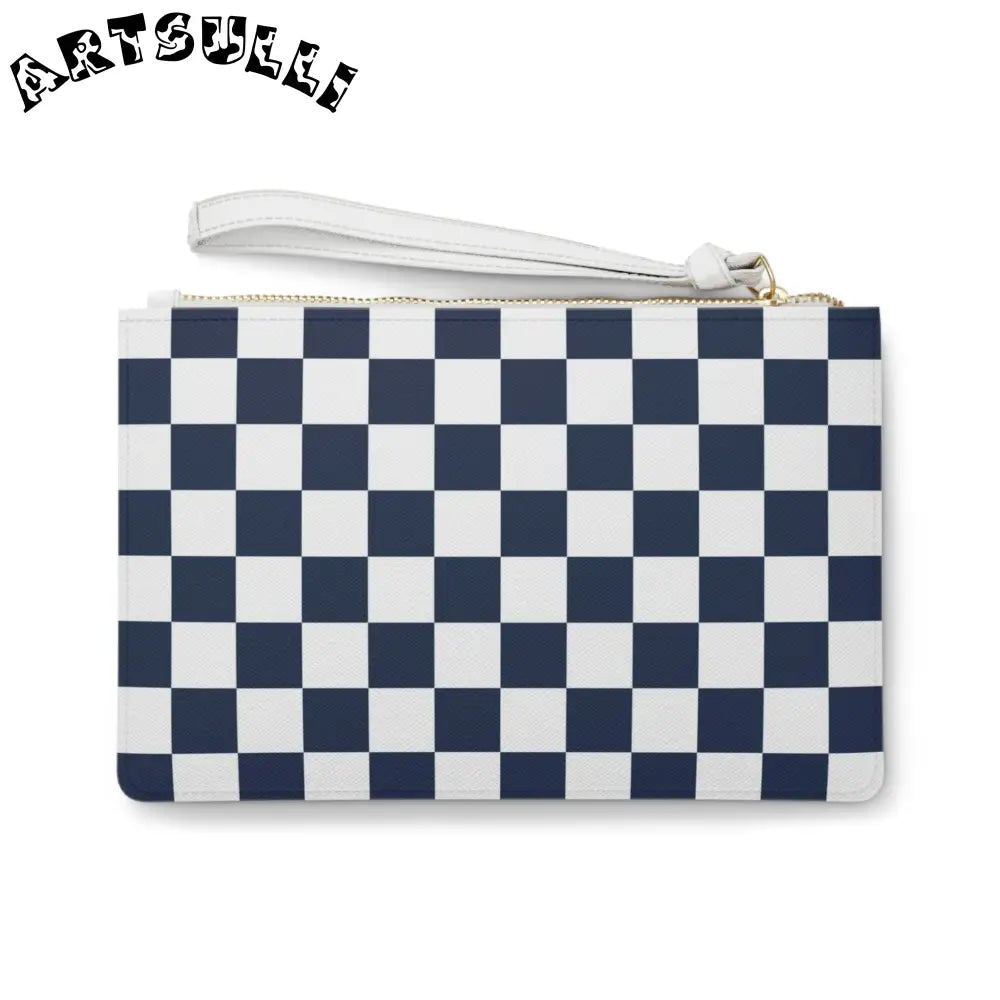 JAKKOUTTHEBXX Checkerboard White and Navy Blue Clutch Bag