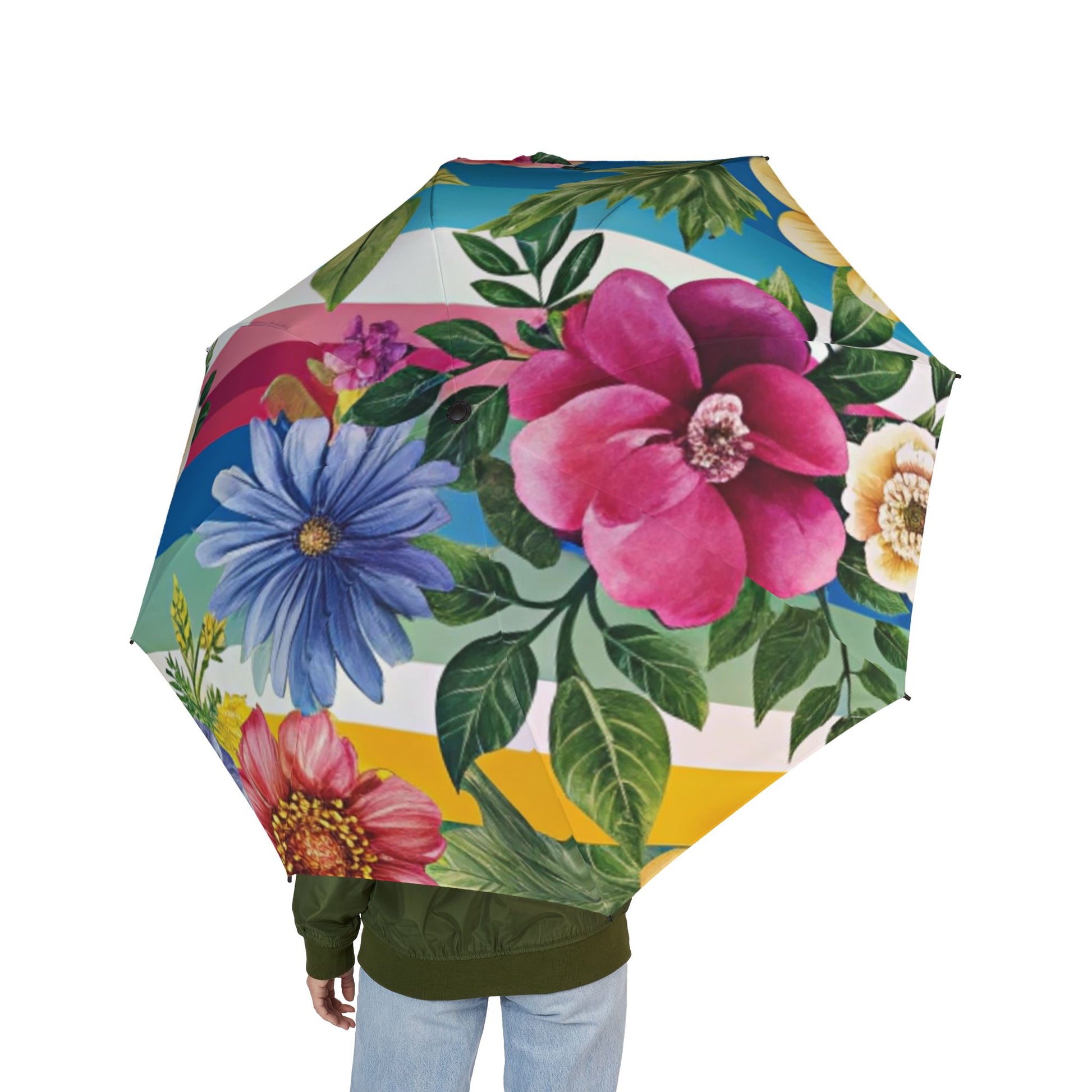Floral Stripe 4K Semi-Automatic Foldable Umbrella, Artsulli - Art is Long, Life is Short, Accessories, , , , , , , 