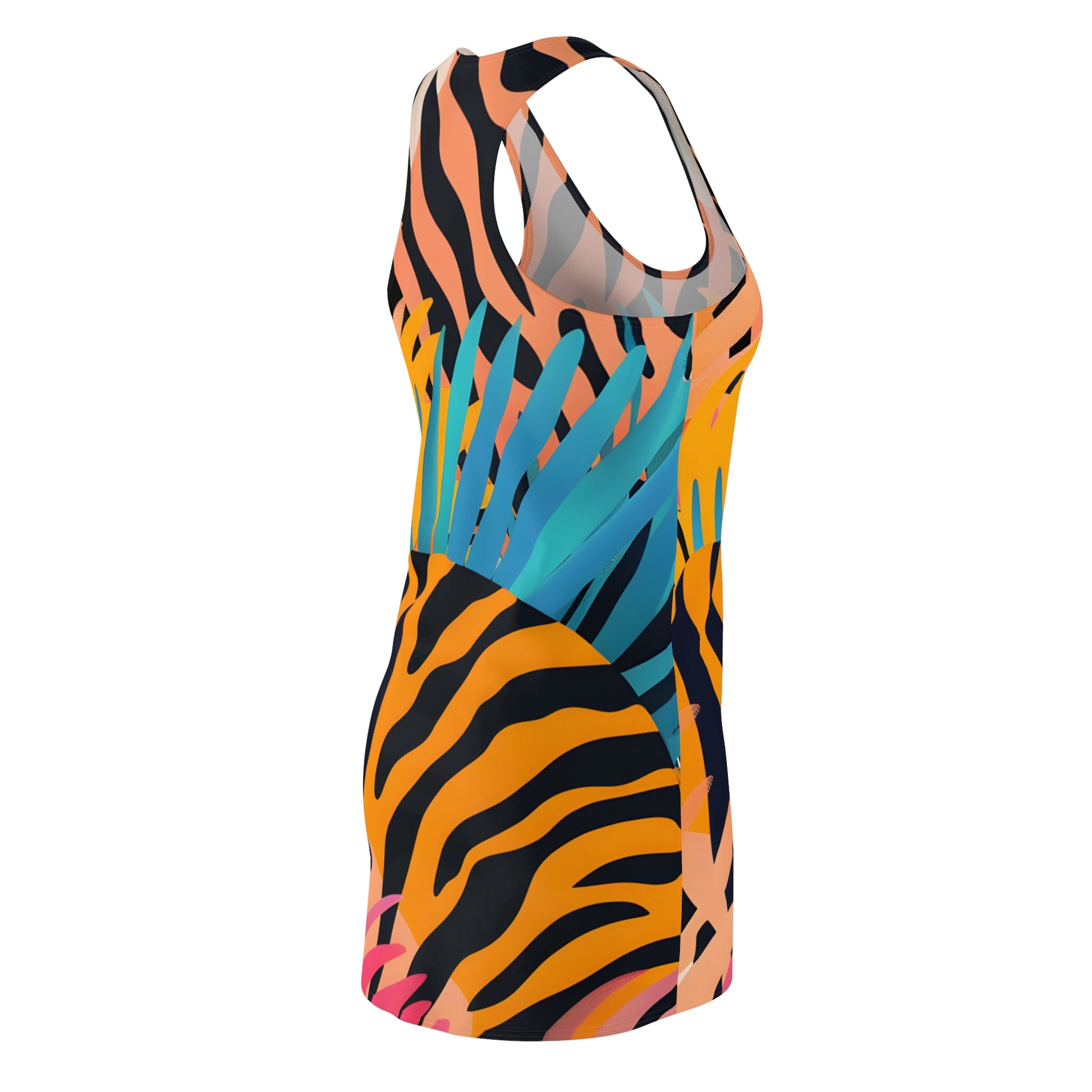 Palm Leaves x Zebra Stripes x  Tiger Stripes Orange and Blue Women's Cut & Sew Racerback Dress (AOP), Artsulli - Art is Long, Life is Short, All Over Prints, , , , , , , 